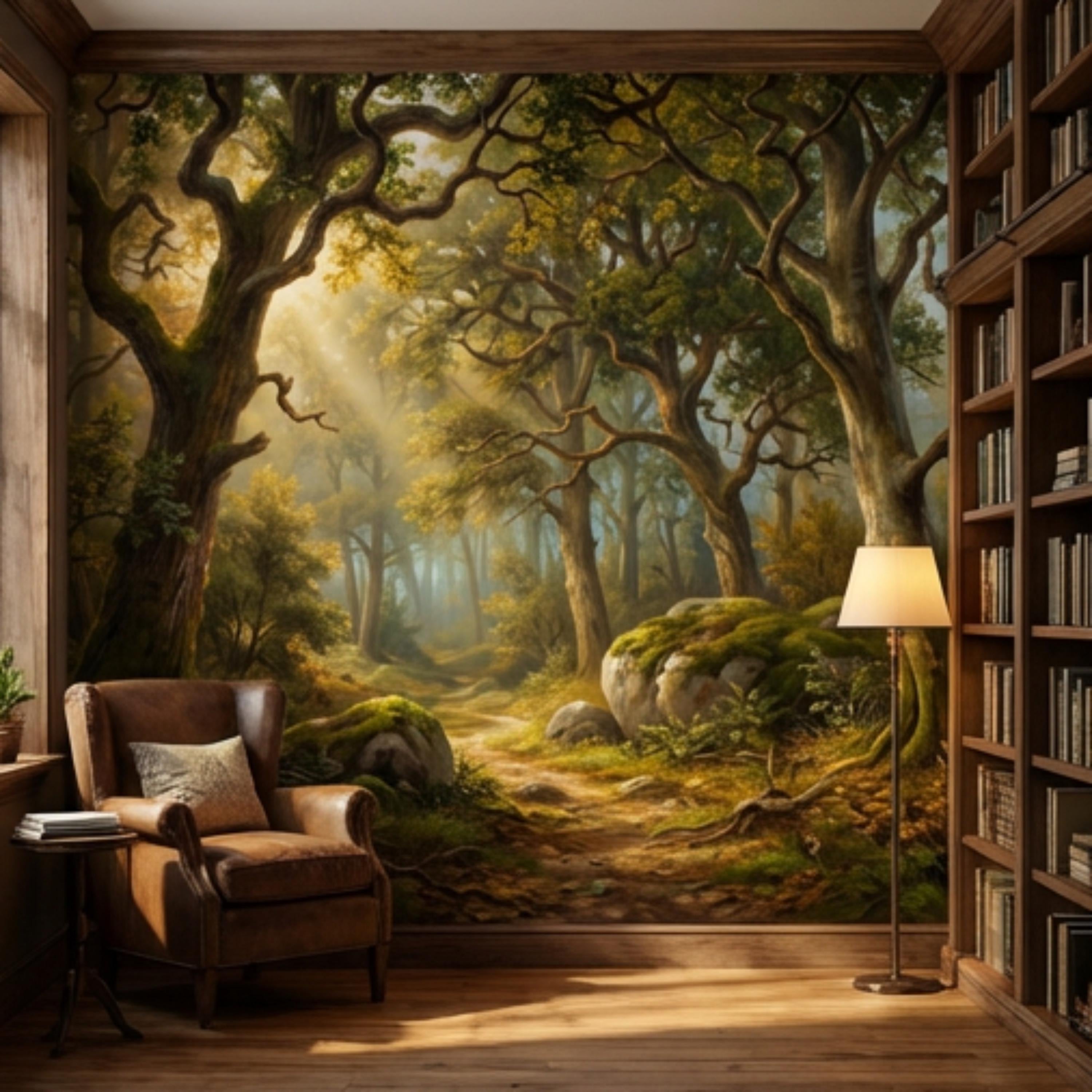 Enchanted Forest Landscape Peel and Stick Wall Mural, Sunlit Woodland Path with Mossy Rocks, Moody Nature Wallpaper