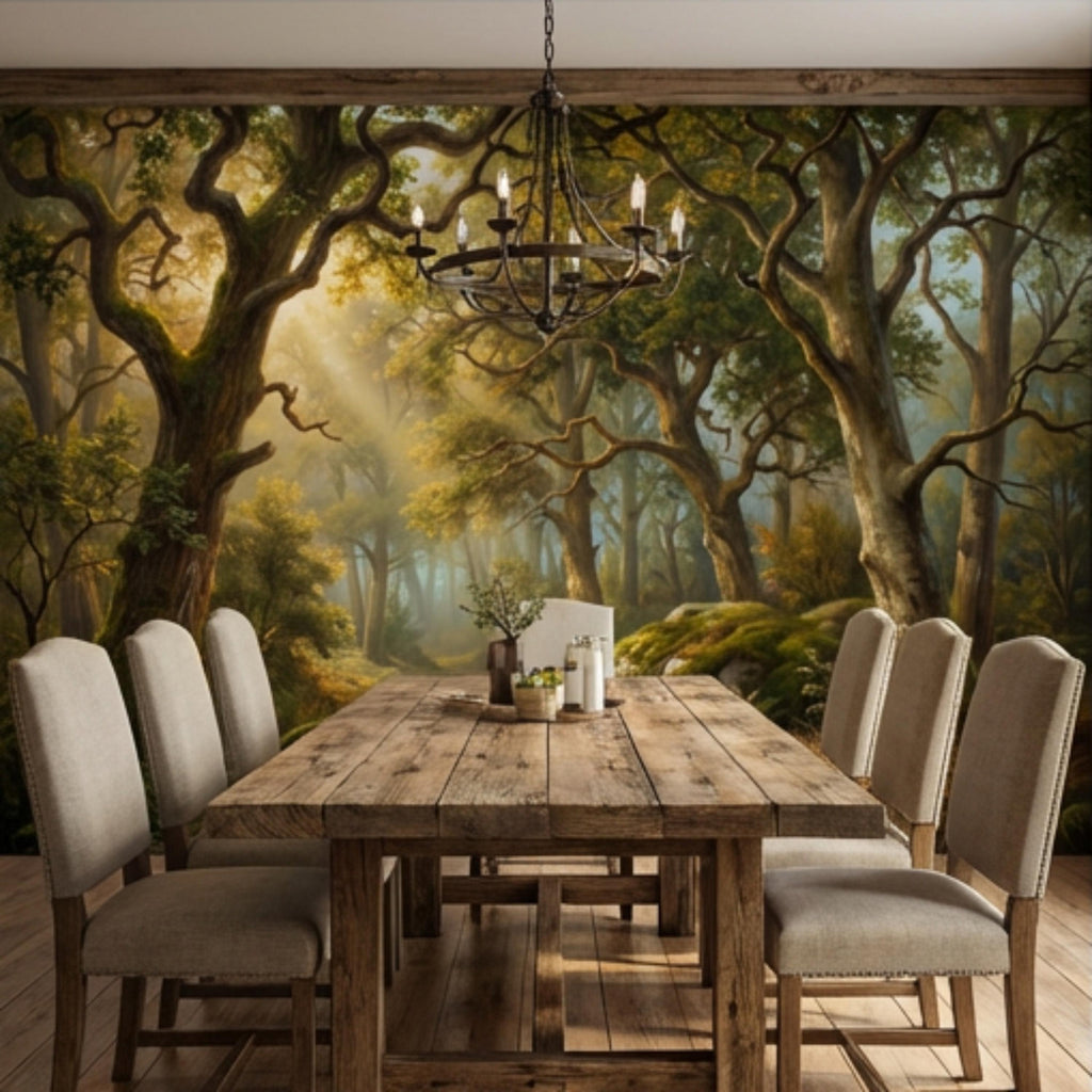 Enchanted Forest Landscape Peel and Stick Wall Mural, Sunlit Woodland Path with Mossy Rocks, Moody Nature Wallpaper