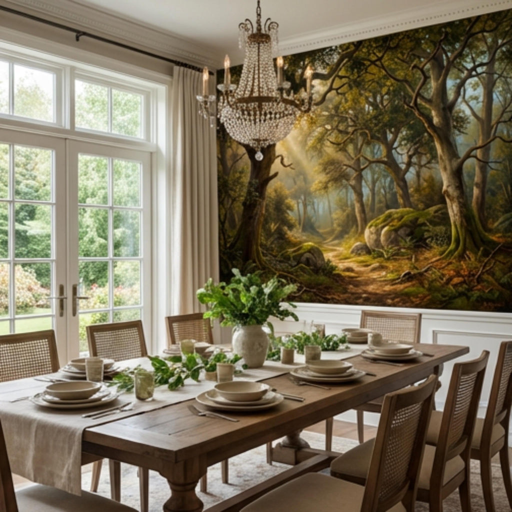 Enchanted Forest Landscape Peel and Stick Wall Mural, Sunlit Woodland Path with Mossy Rocks, Moody Nature Wallpaper