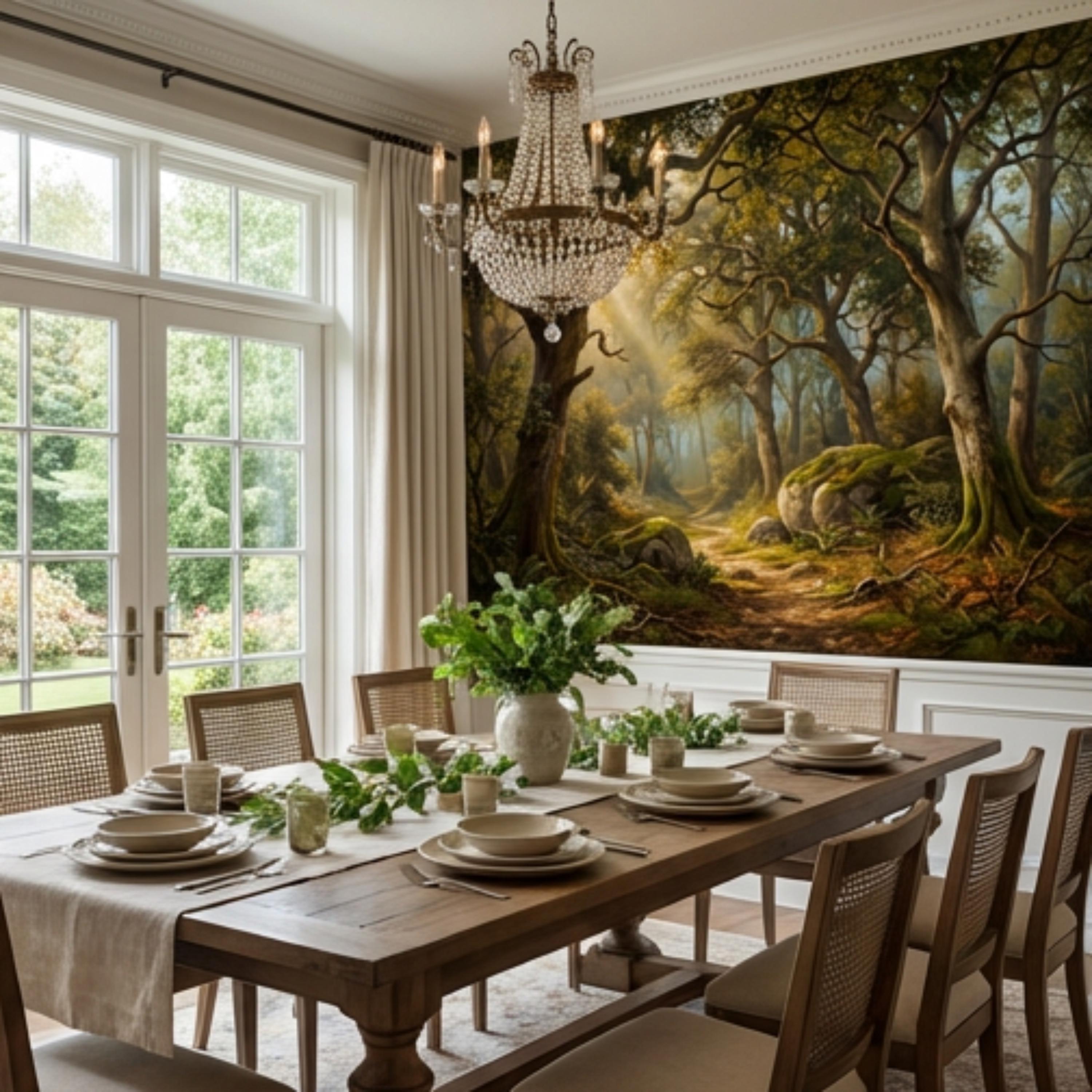 Enchanted Forest Landscape Peel and Stick Wall Mural, Sunlit Woodland Path with Mossy Rocks, Moody Nature Wallpaper