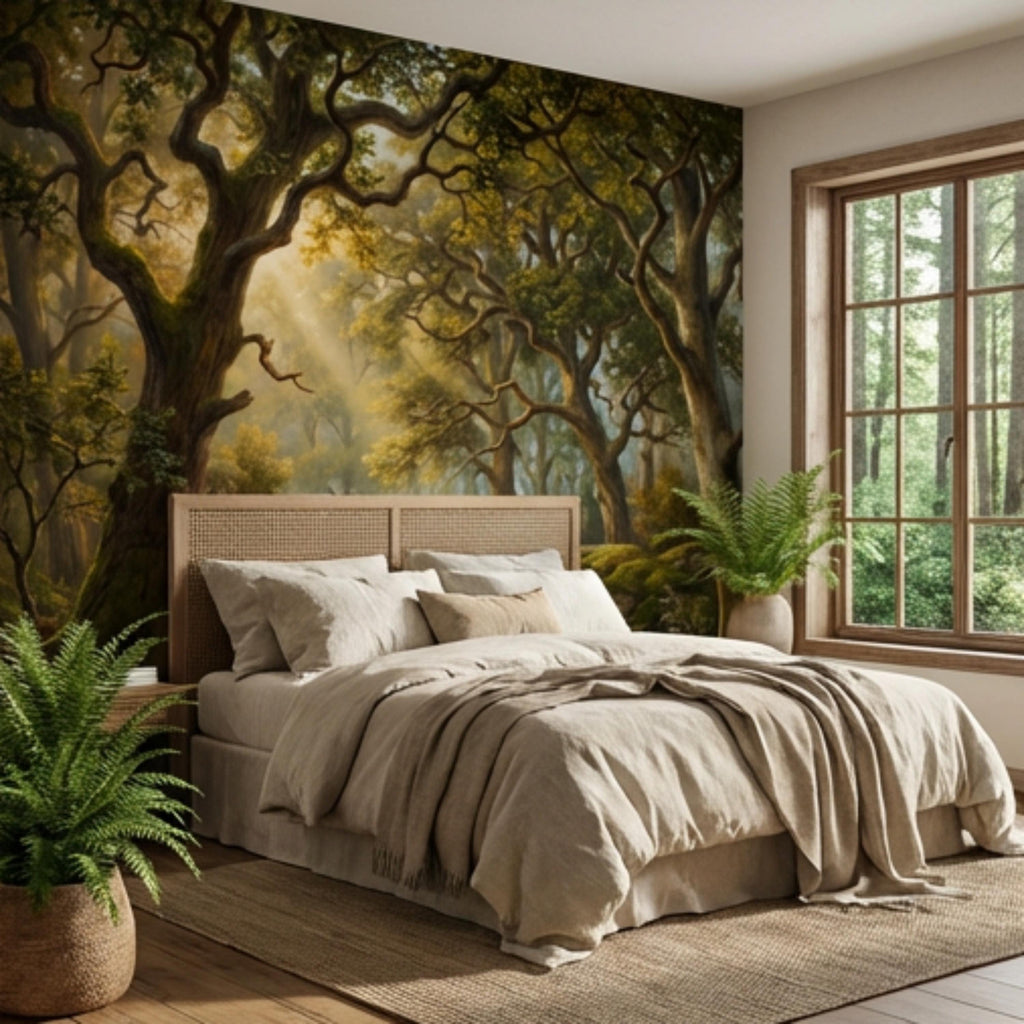 Enchanted Forest Landscape Peel and Stick Wall Mural, Sunlit Woodland Path with Mossy Rocks, Moody Nature Wallpaper