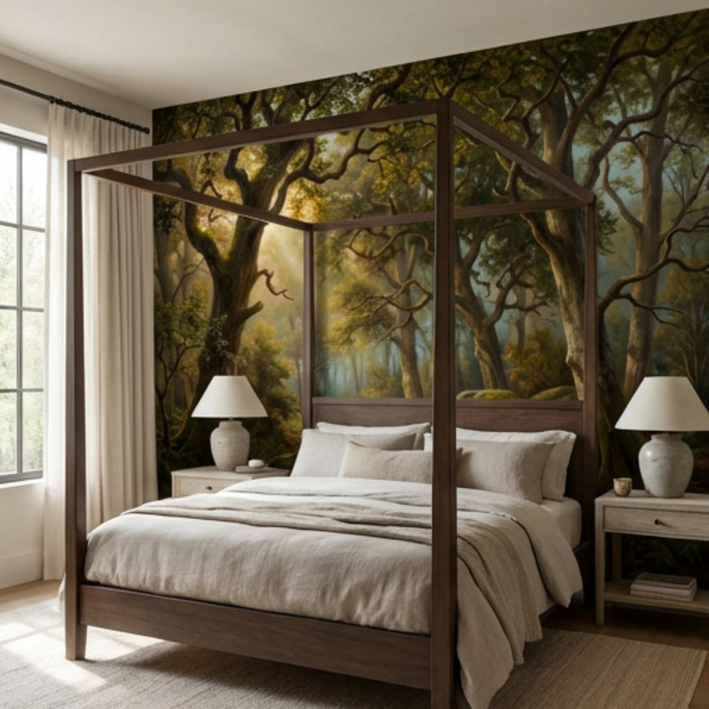 Enchanted Forest Landscape Peel and Stick Wall Mural, Sunlit Woodland Path with Mossy Rocks, Moody Nature Wallpaper