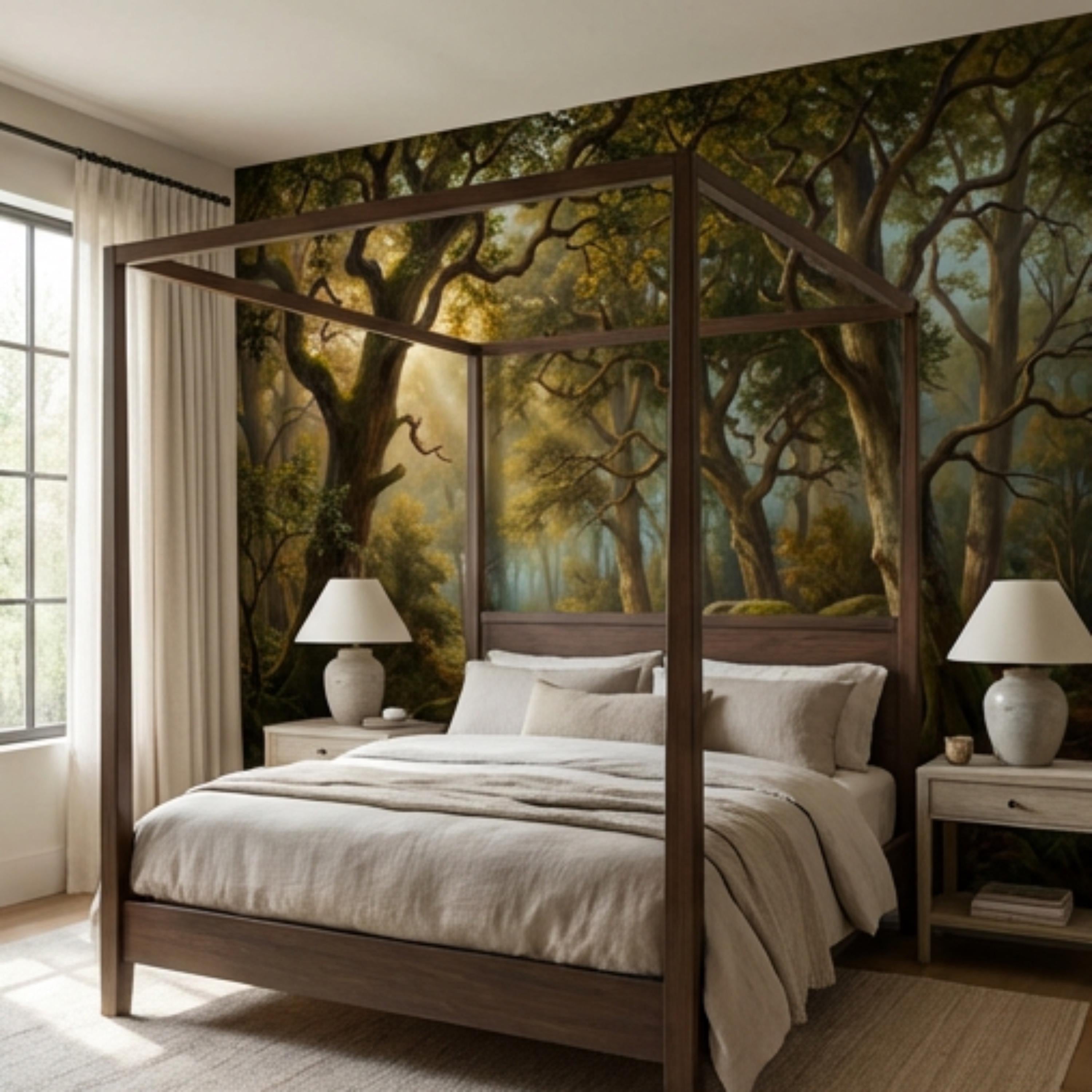 Enchanted Forest Landscape Peel and Stick Wall Mural, Sunlit Woodland Path with Mossy Rocks, Moody Nature Wallpaper