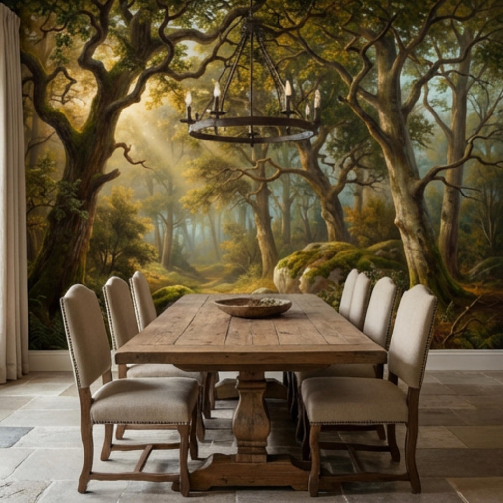 Enchanted Forest Landscape Peel and Stick Wall Mural, Sunlit Woodland Path with Mossy Rocks, Moody Nature Wallpaper