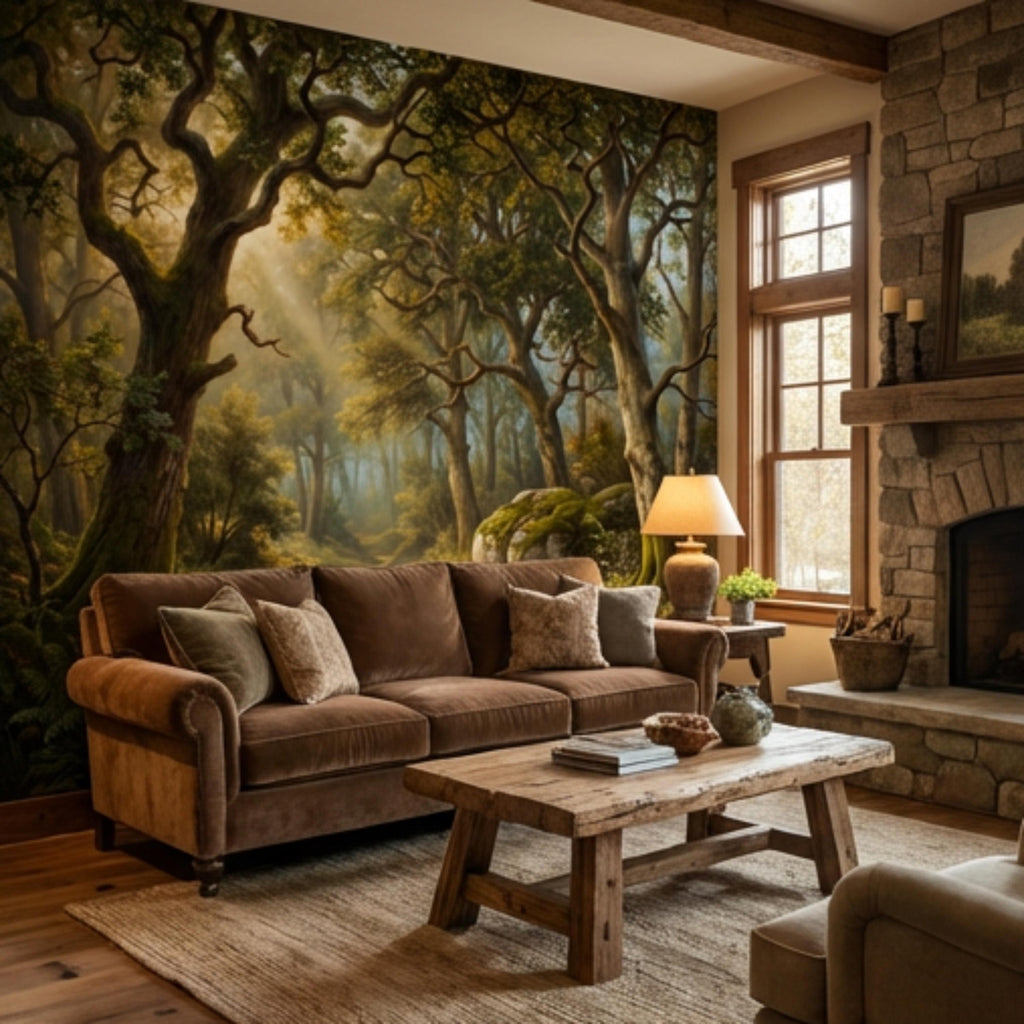 Enchanted Forest Landscape Peel and Stick Wall Mural, Sunlit Woodland Path with Mossy Rocks, Moody Nature Wallpaper
