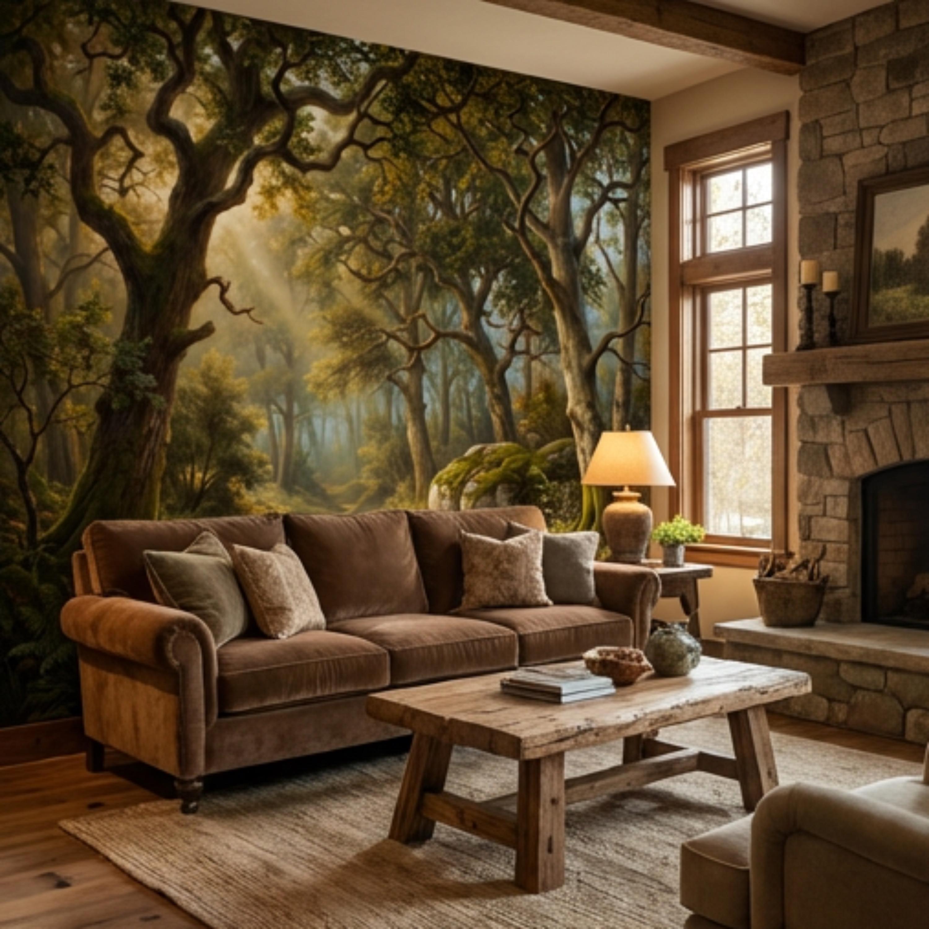 Enchanted Forest Landscape Peel and Stick Wall Mural, Sunlit Woodland Path with Mossy Rocks, Moody Nature Wallpaper