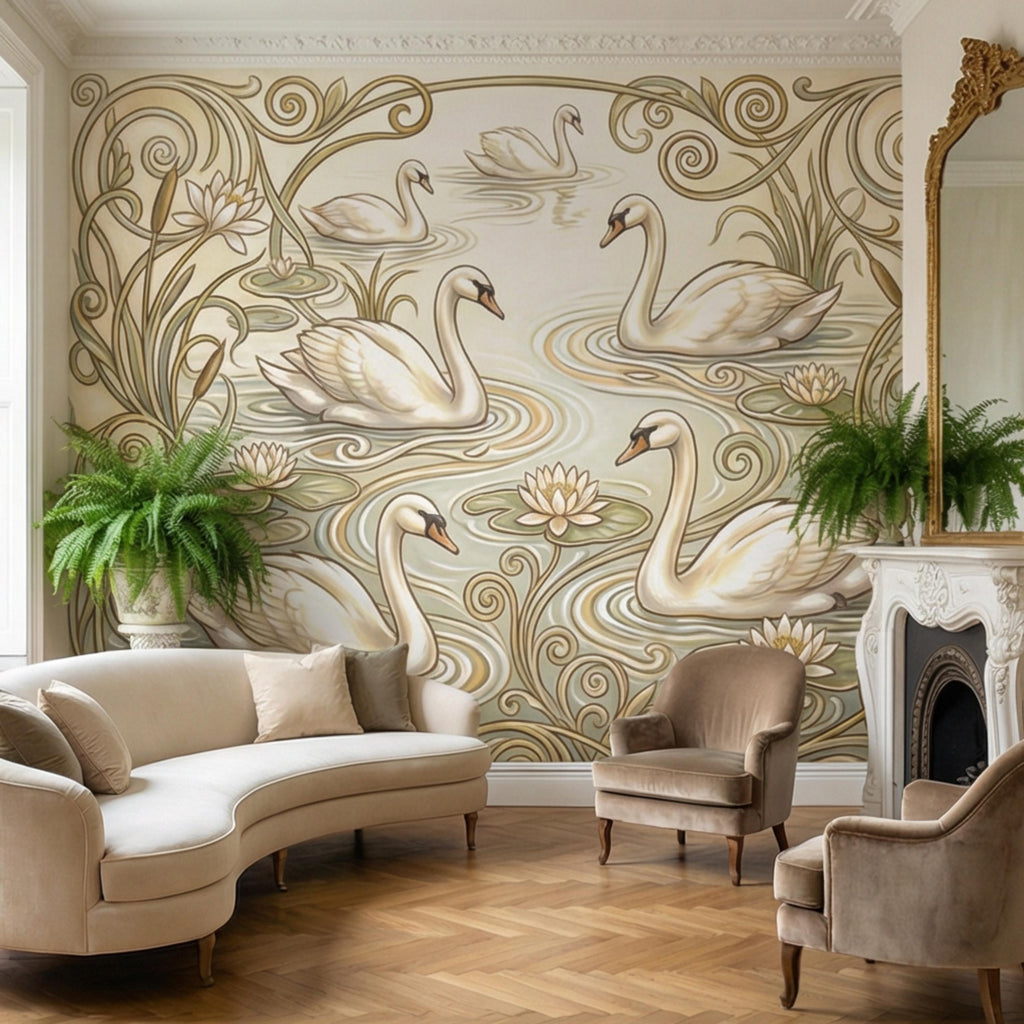 Art Nouveau Swans & Water Lilies Peel and Stick Wall Mural, Vintage Botanical Pond Scene, Neutral Sage Beige Wallpaper
