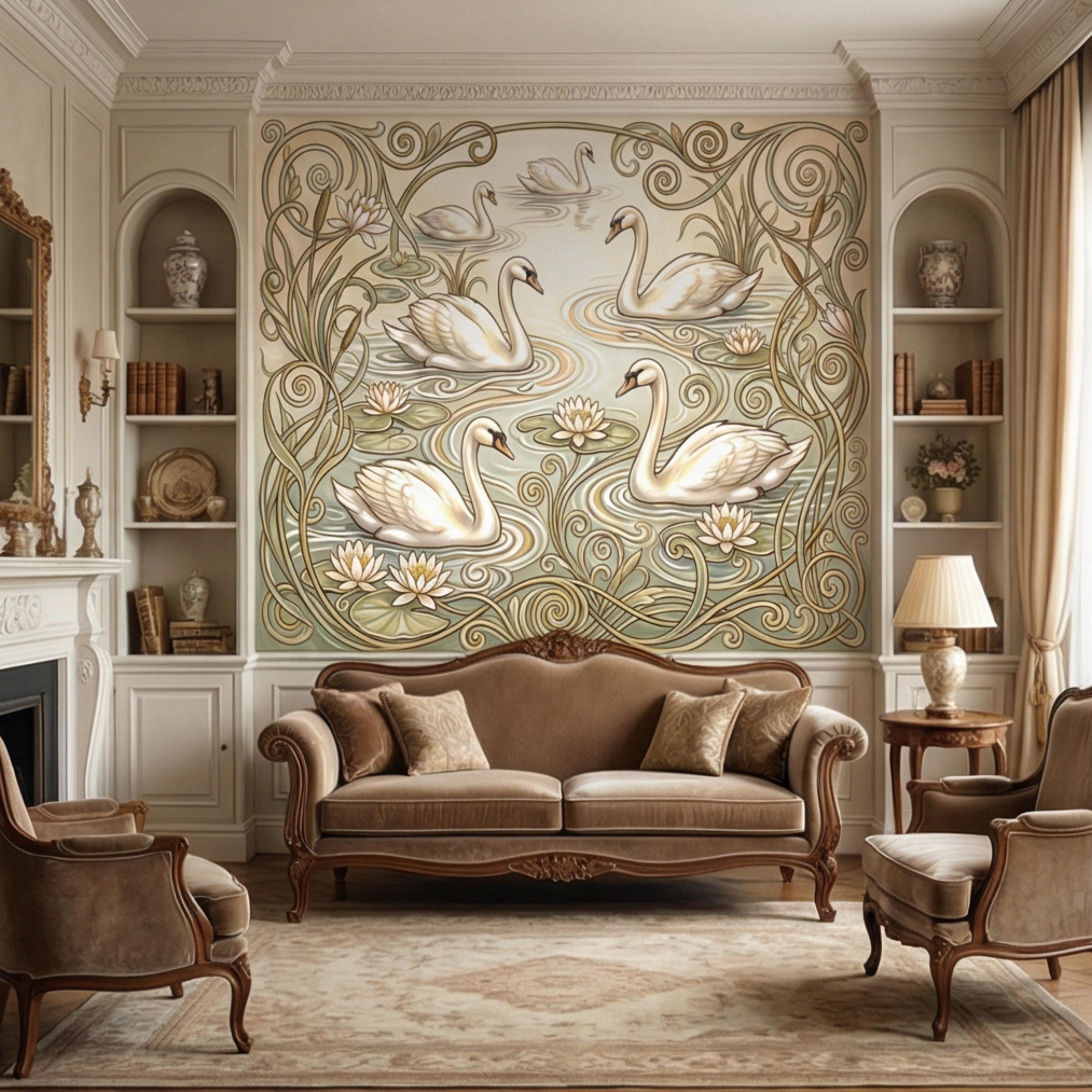 Art Nouveau Swans & Water Lilies Peel and Stick Wall Mural, Vintage Botanical Pond Scene, Neutral Sage Beige Wallpaper