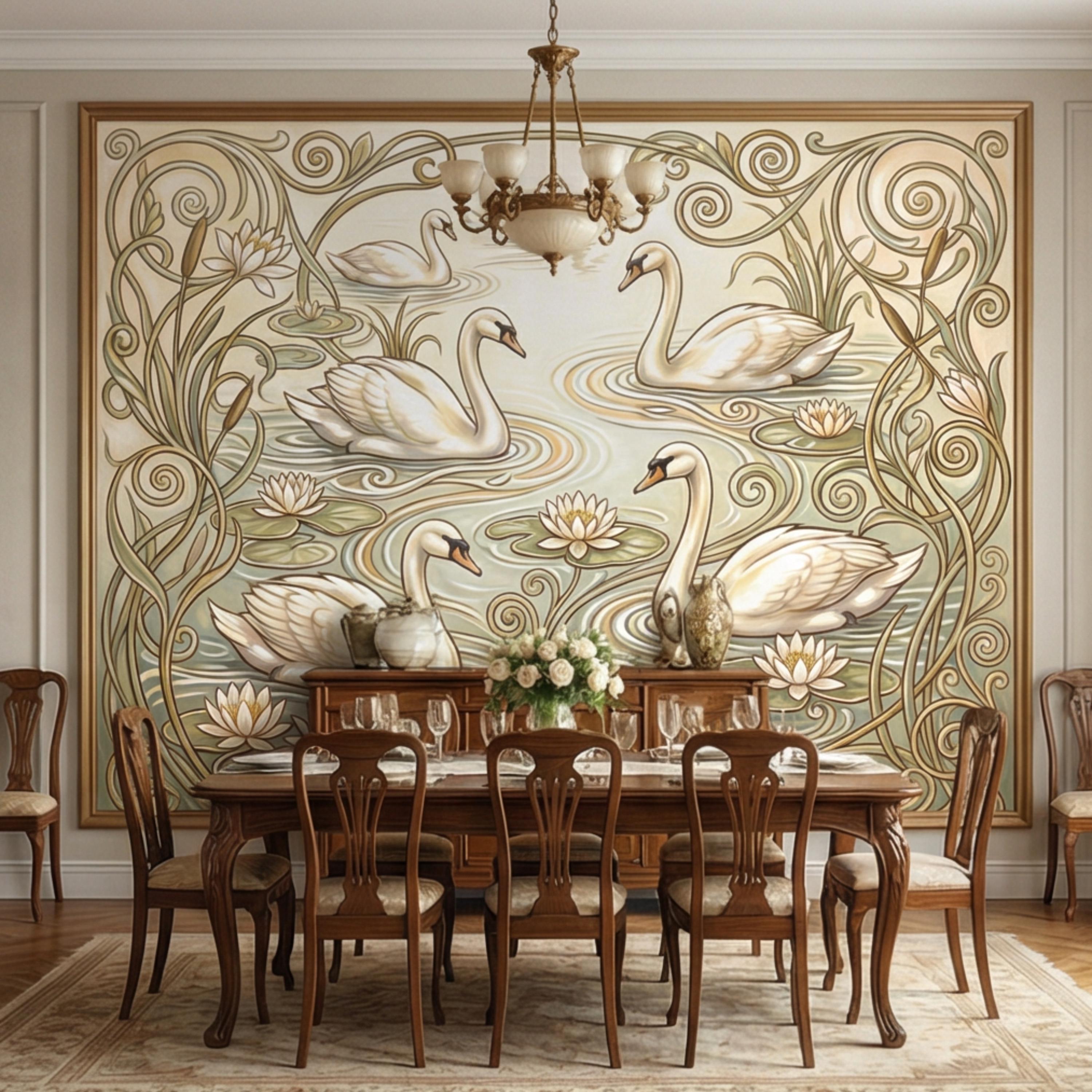 Art Nouveau Swans & Water Lilies Peel and Stick Wall Mural, Vintage Botanical Pond Scene, Neutral Sage Beige Wallpaper