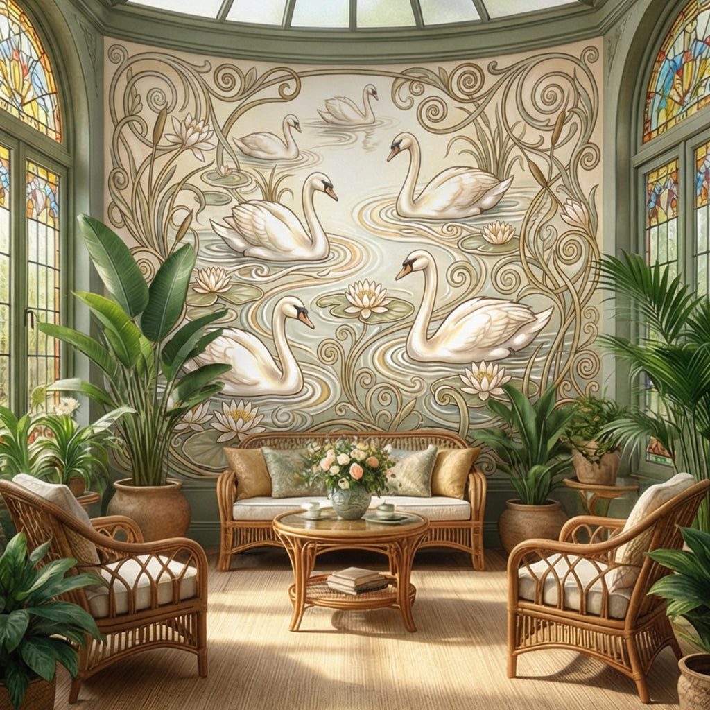 Art Nouveau Swans & Water Lilies Peel and Stick Wall Mural, Vintage Botanical Pond Scene, Neutral Sage Beige Wallpaper