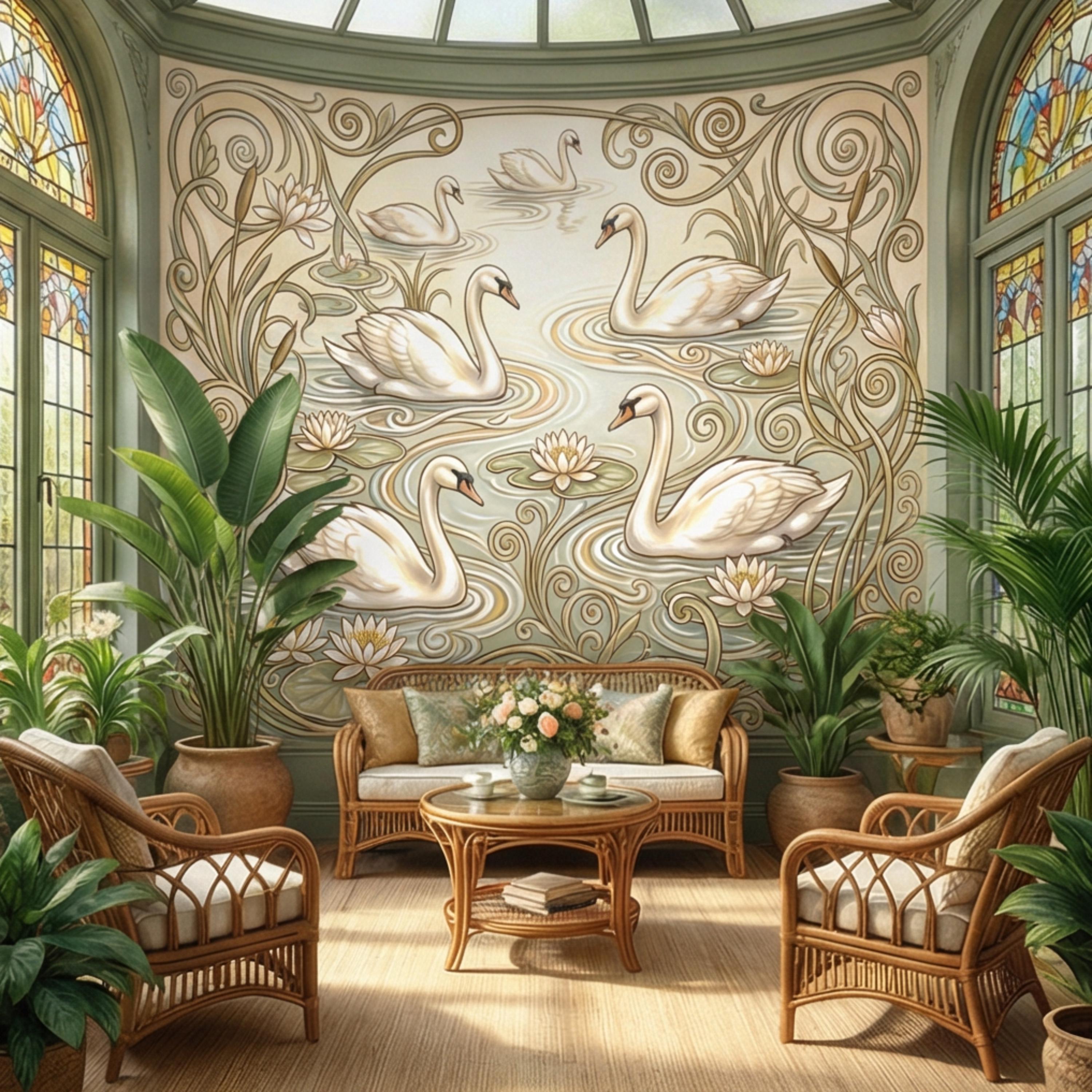 Art Nouveau Swans & Water Lilies Peel and Stick Wall Mural, Vintage Botanical Pond Scene, Neutral Sage Beige Wallpaper