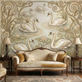 Art Nouveau Swans & Water Lilies Peel and Stick Wall Mural, Vintage Botanical Pond Scene, Neutral Sage Beige Wallpaper