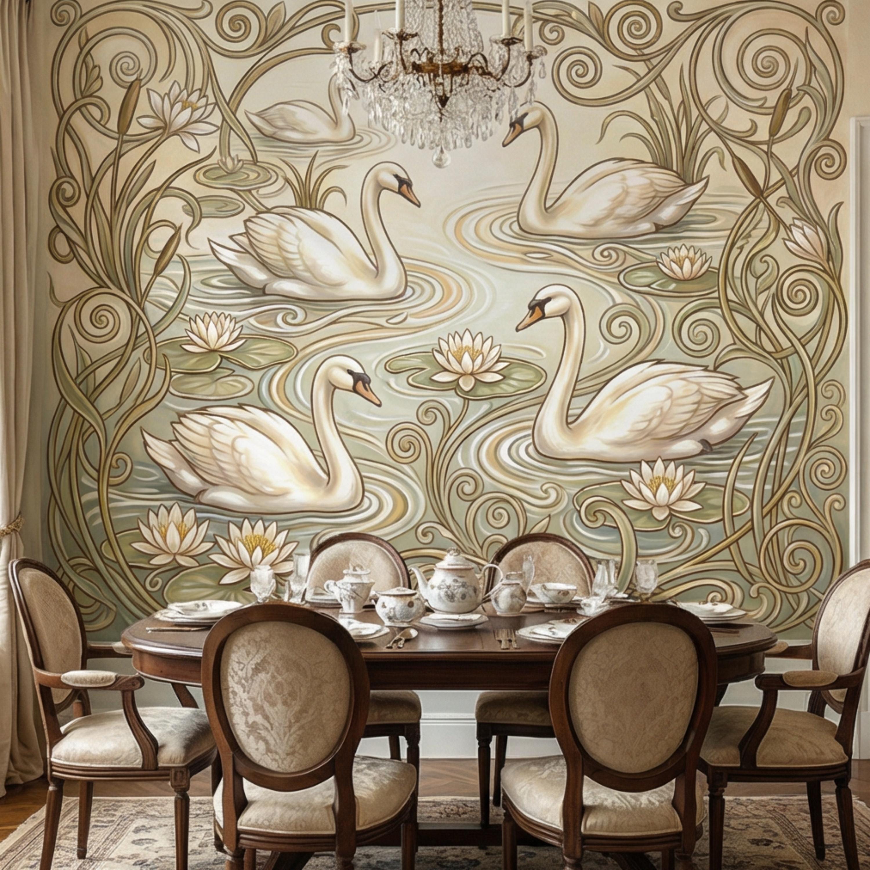 Art Nouveau Swans & Water Lilies Peel and Stick Wall Mural, Vintage Botanical Pond Scene, Neutral Sage Beige Wallpaper