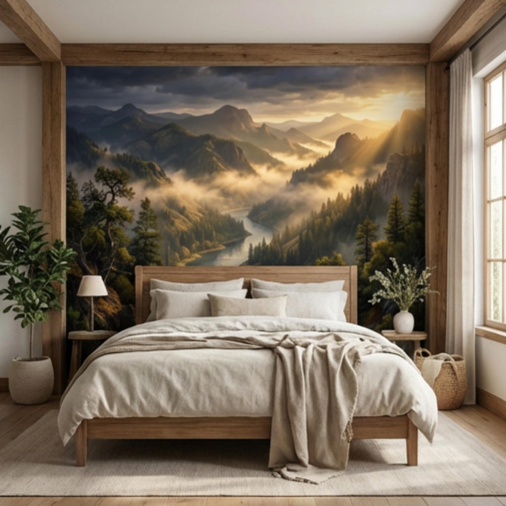 Mountain River Landscape Misty Forest Valley at Sunset Peel and Stick Wall Mural, Scenic Nature Wallpaper Living Room Bedroom