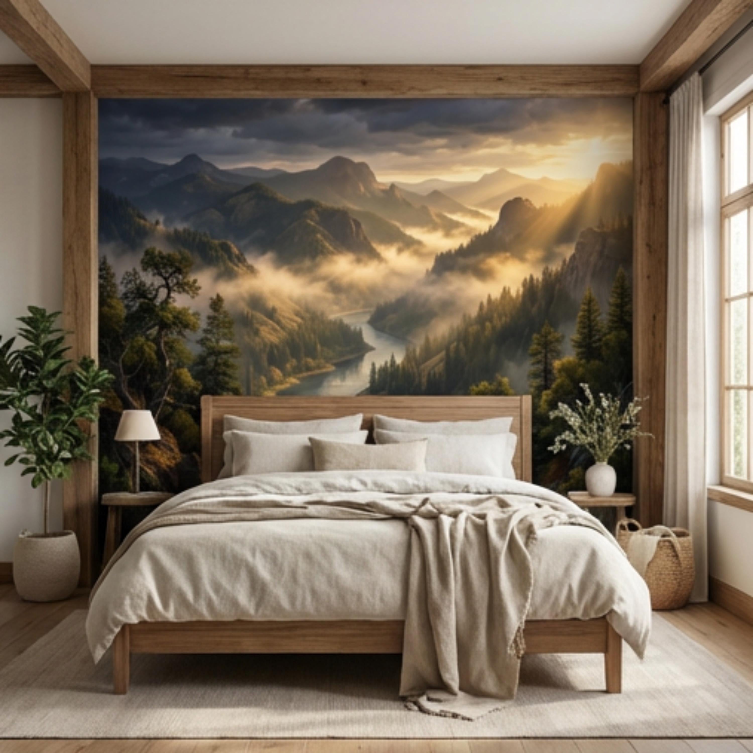 Mountain River Landscape Misty Forest Valley at Sunset Peel and Stick Wall Mural, Scenic Nature Wallpaper Living Room Bedroom