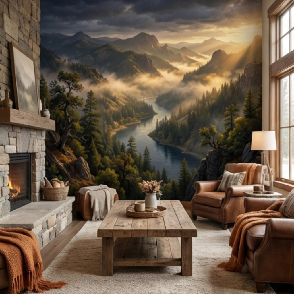 Mountain River Landscape Misty Forest Valley at Sunset Peel and Stick Wall Mural, Scenic Nature Wallpaper Living Room Bedroom