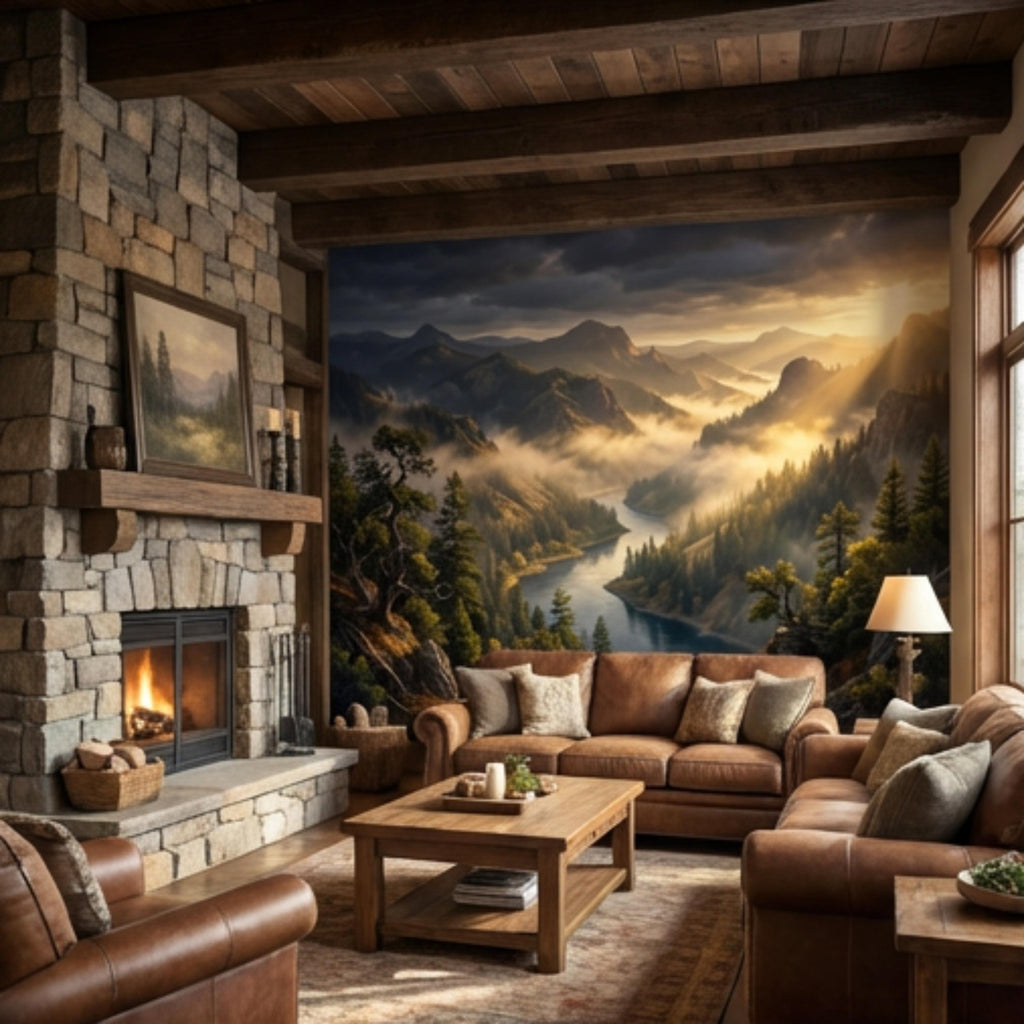 Mountain River Landscape Misty Forest Valley at Sunset Peel and Stick Wall Mural, Scenic Nature Wallpaper Living Room Bedroom