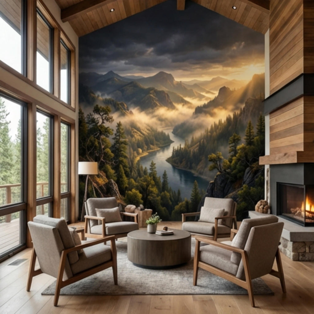 Mountain River Landscape Misty Forest Valley at Sunset Peel and Stick Wall Mural, Scenic Nature Wallpaper Living Room Bedroom