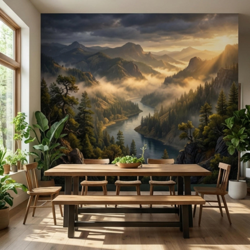 Mountain River Landscape Misty Forest Valley at Sunset Peel and Stick Wall Mural, Scenic Nature Wallpaper Living Room Bedroom