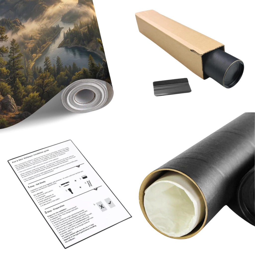Mountain River Landscape Misty Forest Valley at Sunset Peel and Stick Wall Mural, Scenic Nature Wallpaper Living Room Bedroom