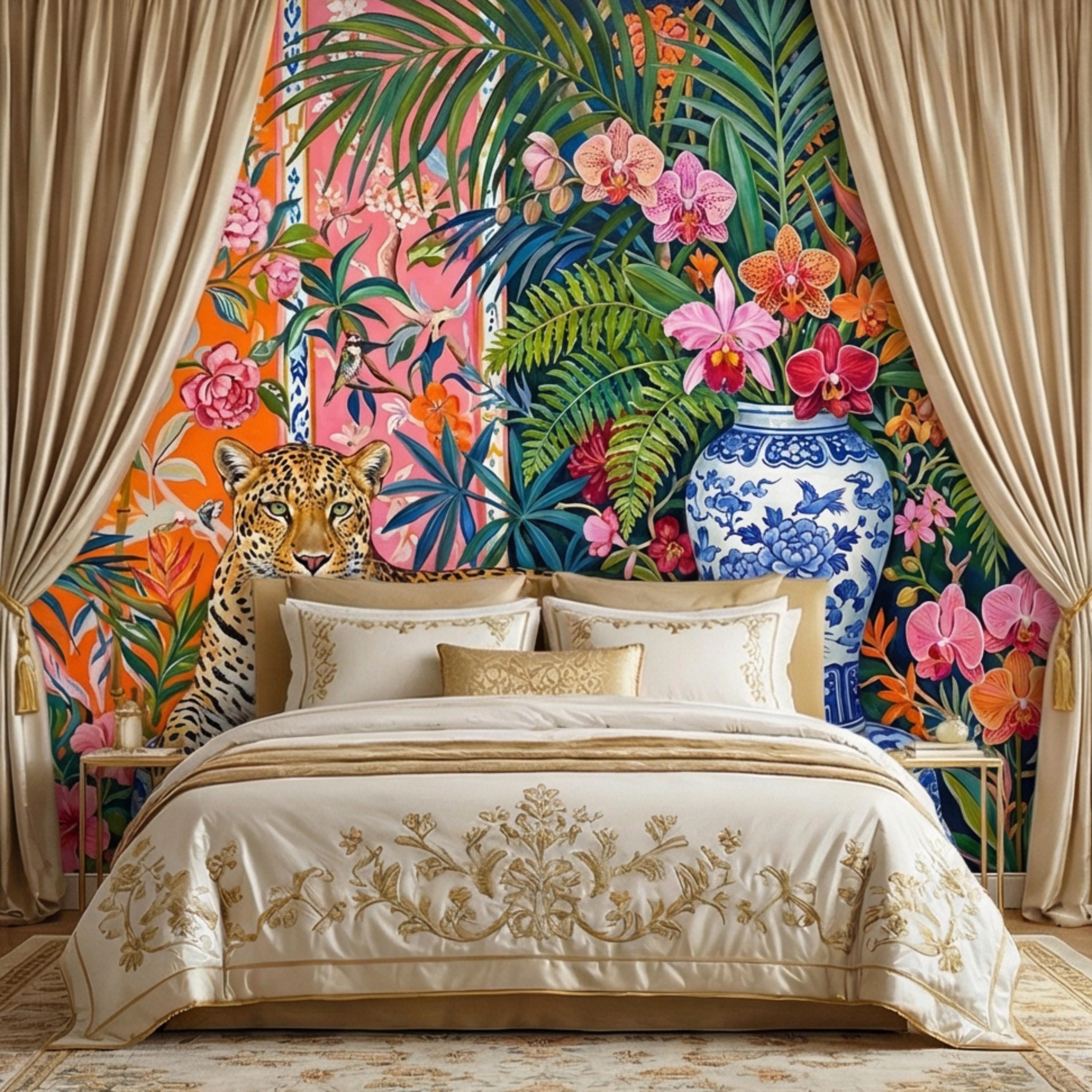 Leopard Chinoiserie Peel and Stick Wall Mural, Tropical Orchids & Palm Leaves Colorful Jungle Wallpaper