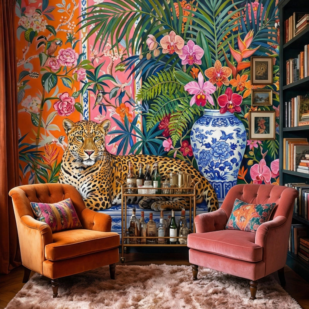 Leopard Chinoiserie Peel and Stick Wall Mural, Tropical Orchids & Palm Leaves Colorful Jungle Wallpaper