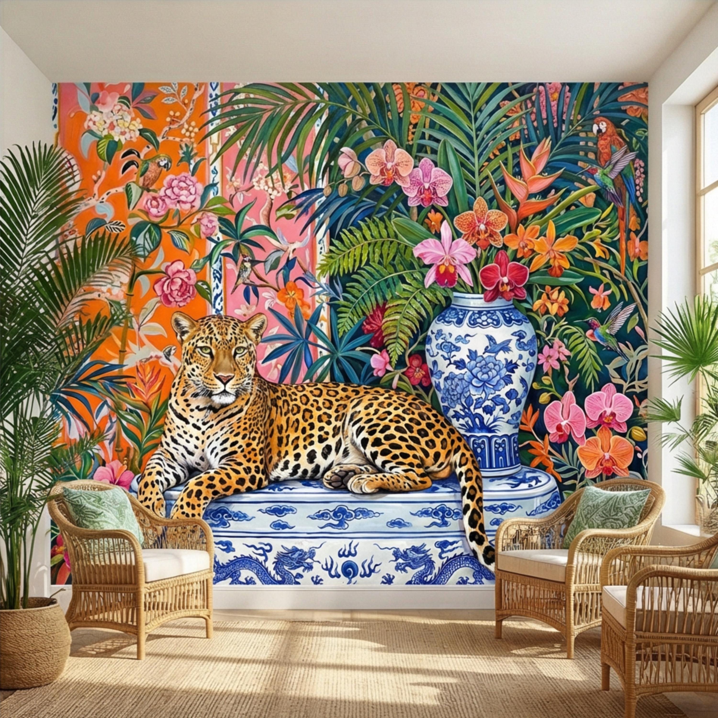 Leopard Chinoiserie Peel and Stick Wall Mural, Tropical Orchids & Palm Leaves Colorful Jungle Wallpaper