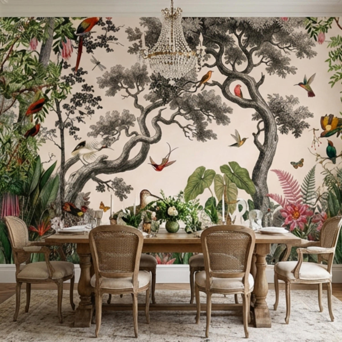 Botanical bird wall mural featuring winding tree branches and colorful songbirds.