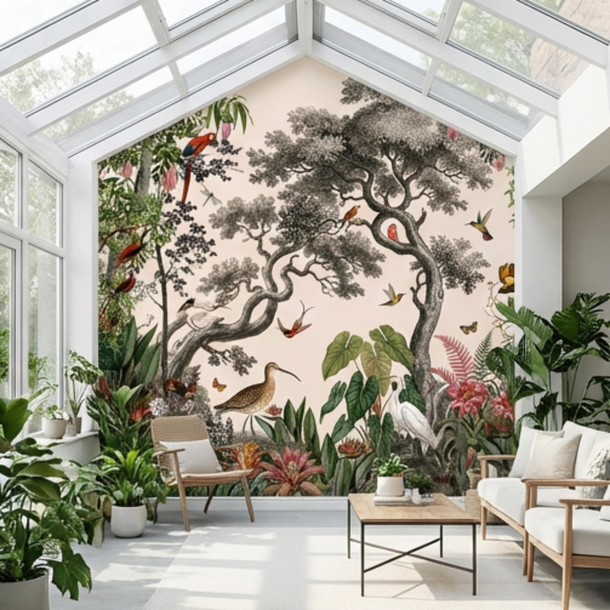 Tropical nature wall mural showing birds, big tree, and lush green tropical leaves.