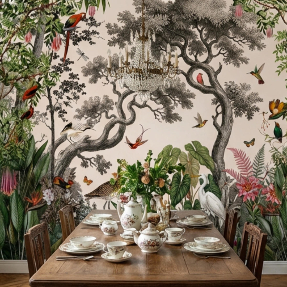 Vintage jungle wall mural with big tree, white birds, and multicolor tropical flowers.