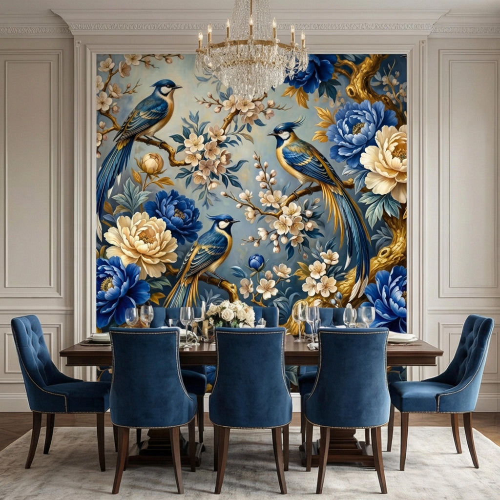 Vintage Blue Chinoiserie Birds & Peonies Peel and Stick Wall Mural, Navy Floral Botanical Branches Elegant Wallpaper