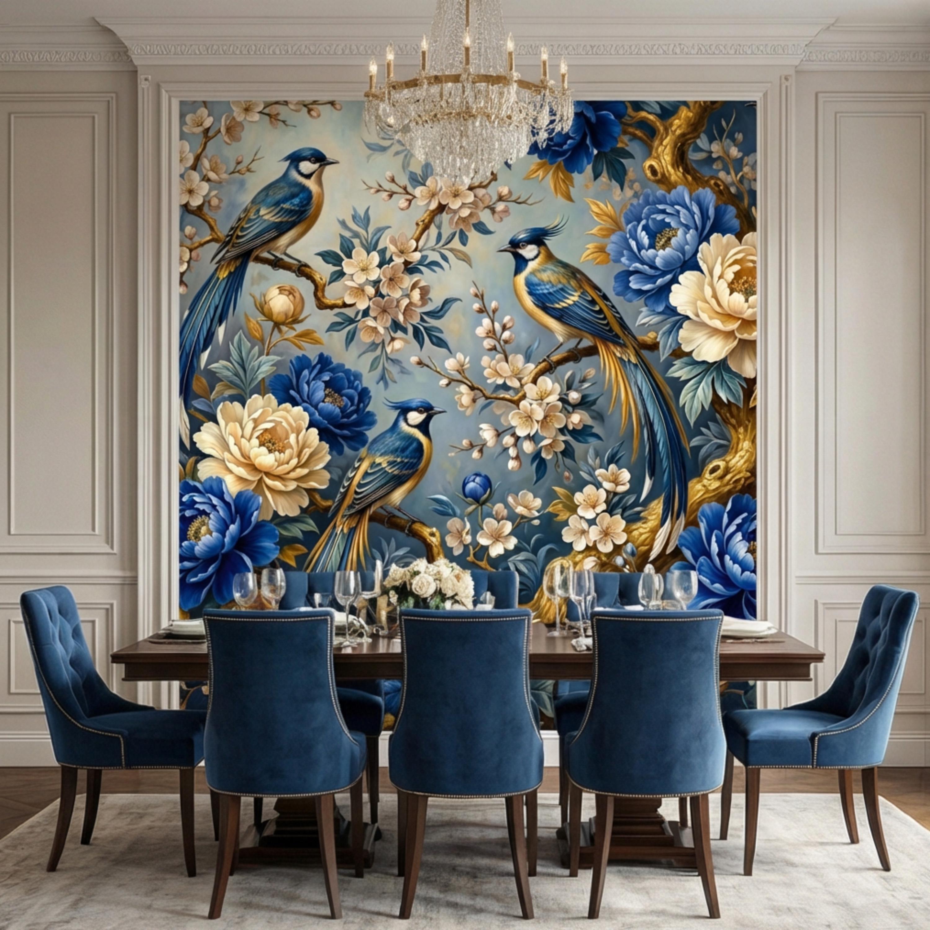 Vintage Blue Chinoiserie Birds & Peonies Peel and Stick Wall Mural, Navy Floral Botanical Branches Elegant Wallpaper