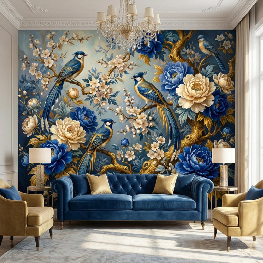 Vintage Blue Chinoiserie Birds & Peonies Peel and Stick Wall Mural, Navy Floral Botanical Branches Elegant Wallpaper