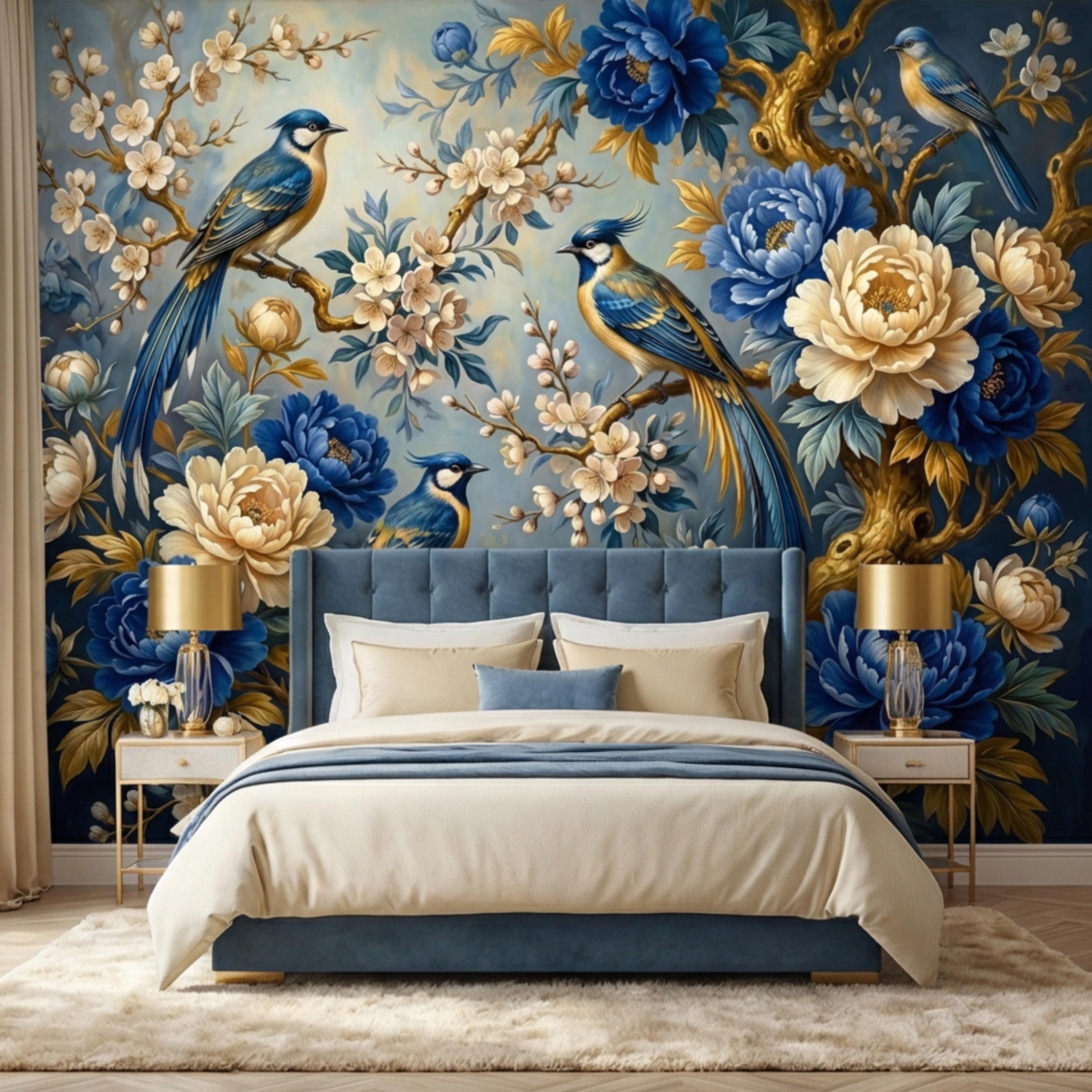 Vintage Blue Chinoiserie Birds & Peonies Peel and Stick Wall Mural, Navy Floral Botanical Branches Elegant Wallpaper