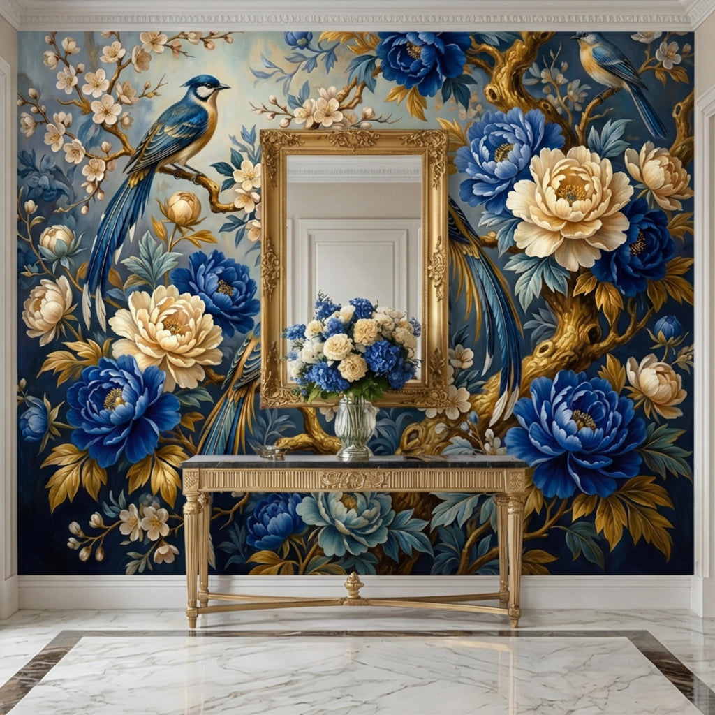 Vintage Blue Chinoiserie Birds & Peonies Peel and Stick Wall Mural, Navy Floral Botanical Branches Elegant Wallpaper