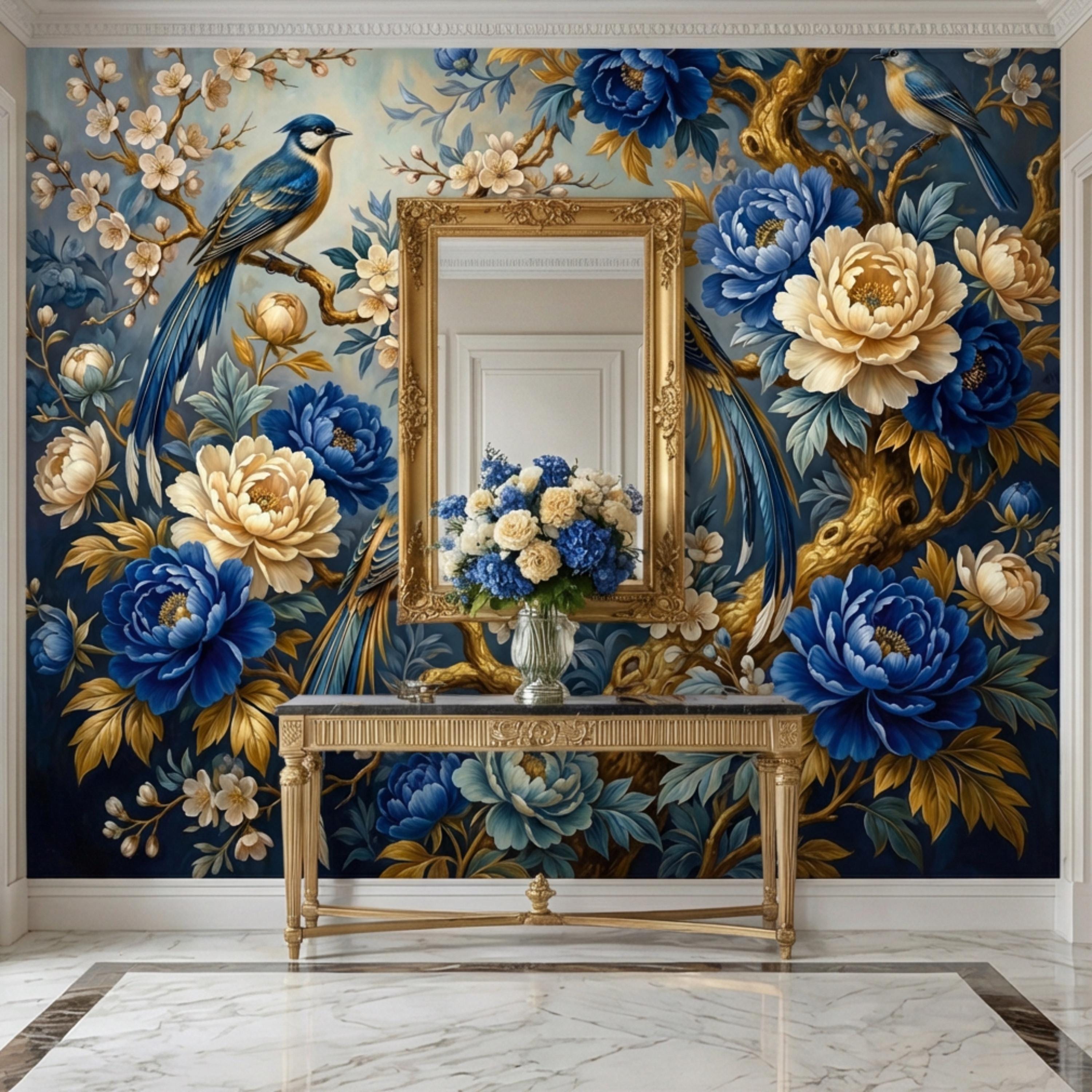 Vintage Blue Chinoiserie Birds & Peonies Peel and Stick Wall Mural, Navy Floral Botanical Branches Elegant Wallpaper