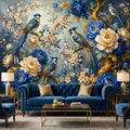 Vintage Blue Chinoiserie Birds & Peonies Peel and Stick Wall Mural, Navy Floral Botanical Branches Elegant Wallpaper