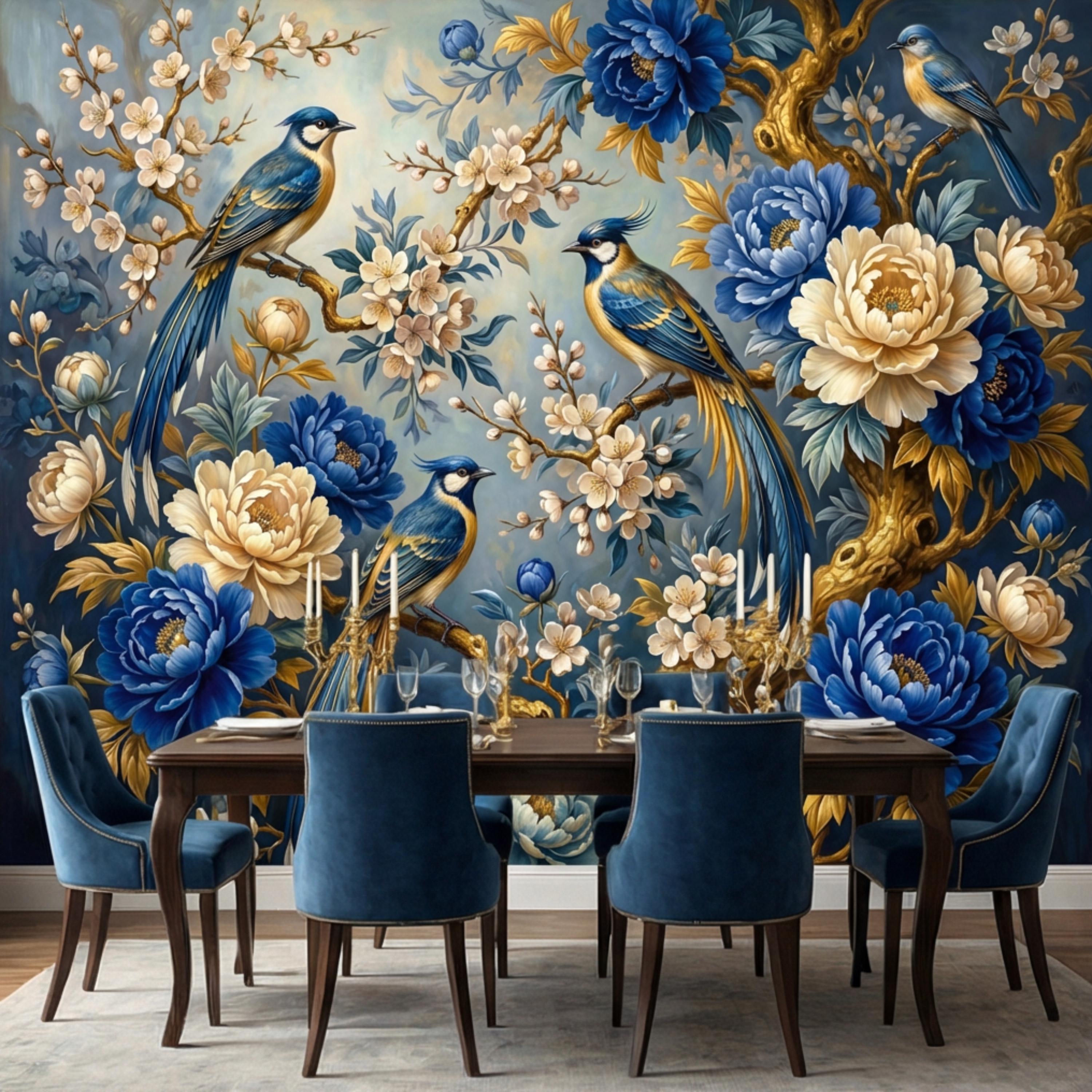 Vintage Blue Chinoiserie Birds & Peonies Peel and Stick Wall Mural, Navy Floral Botanical Branches Elegant Wallpaper