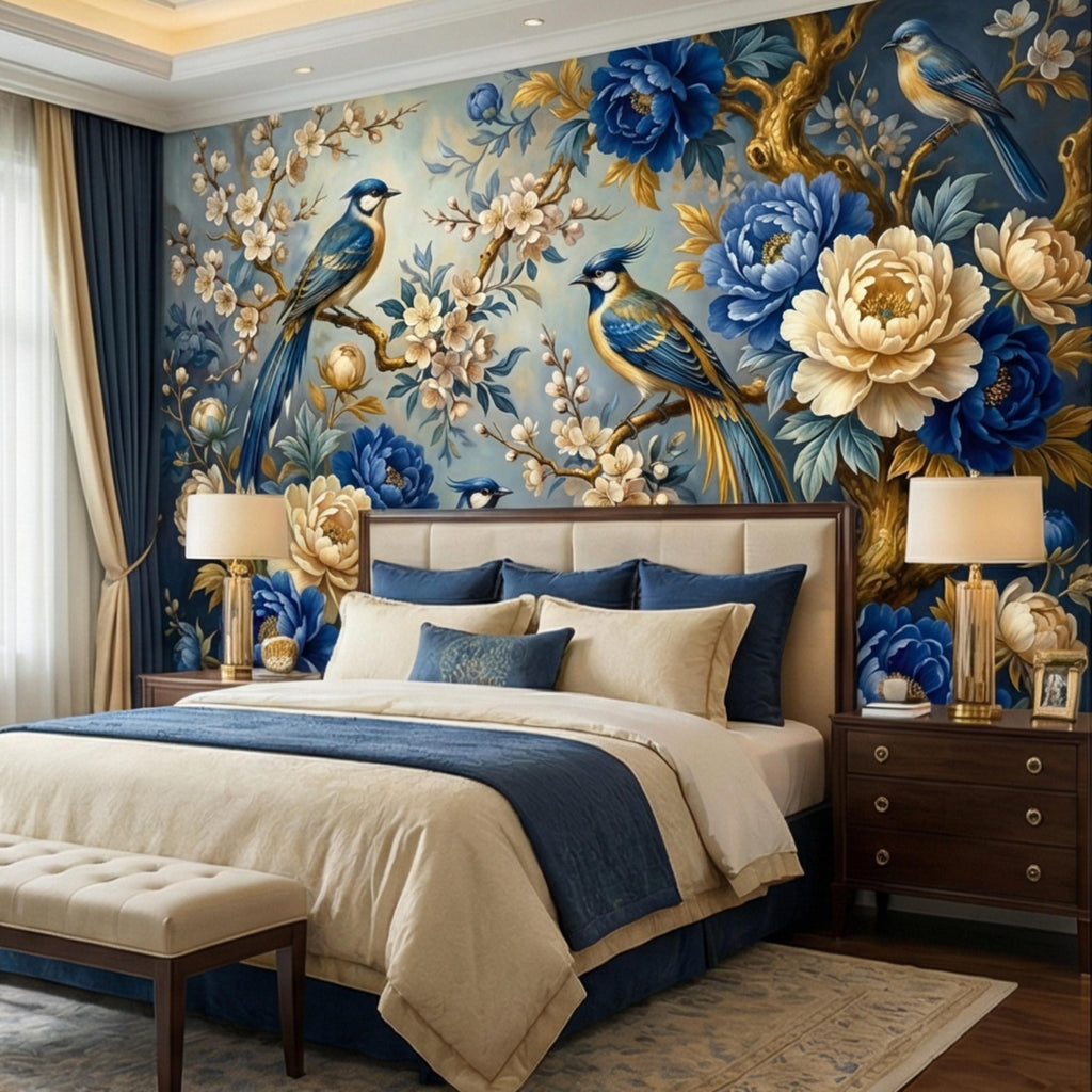 Vintage Blue Chinoiserie Birds & Peonies Peel and Stick Wall Mural, Navy Floral Botanical Branches Elegant Wallpaper
