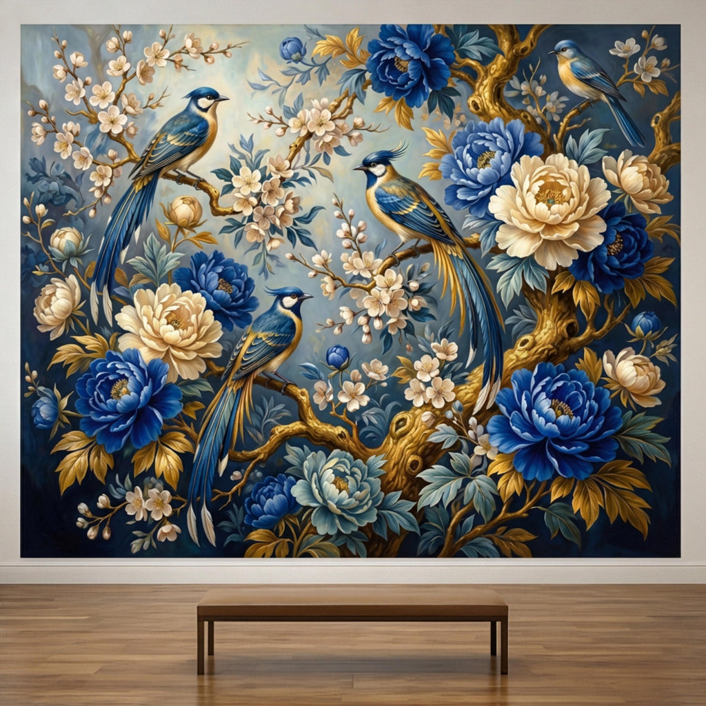 Vintage Blue Chinoiserie Birds & Peonies Peel and Stick Wall Mural, Navy Floral Botanical Branches Elegant Wallpaper