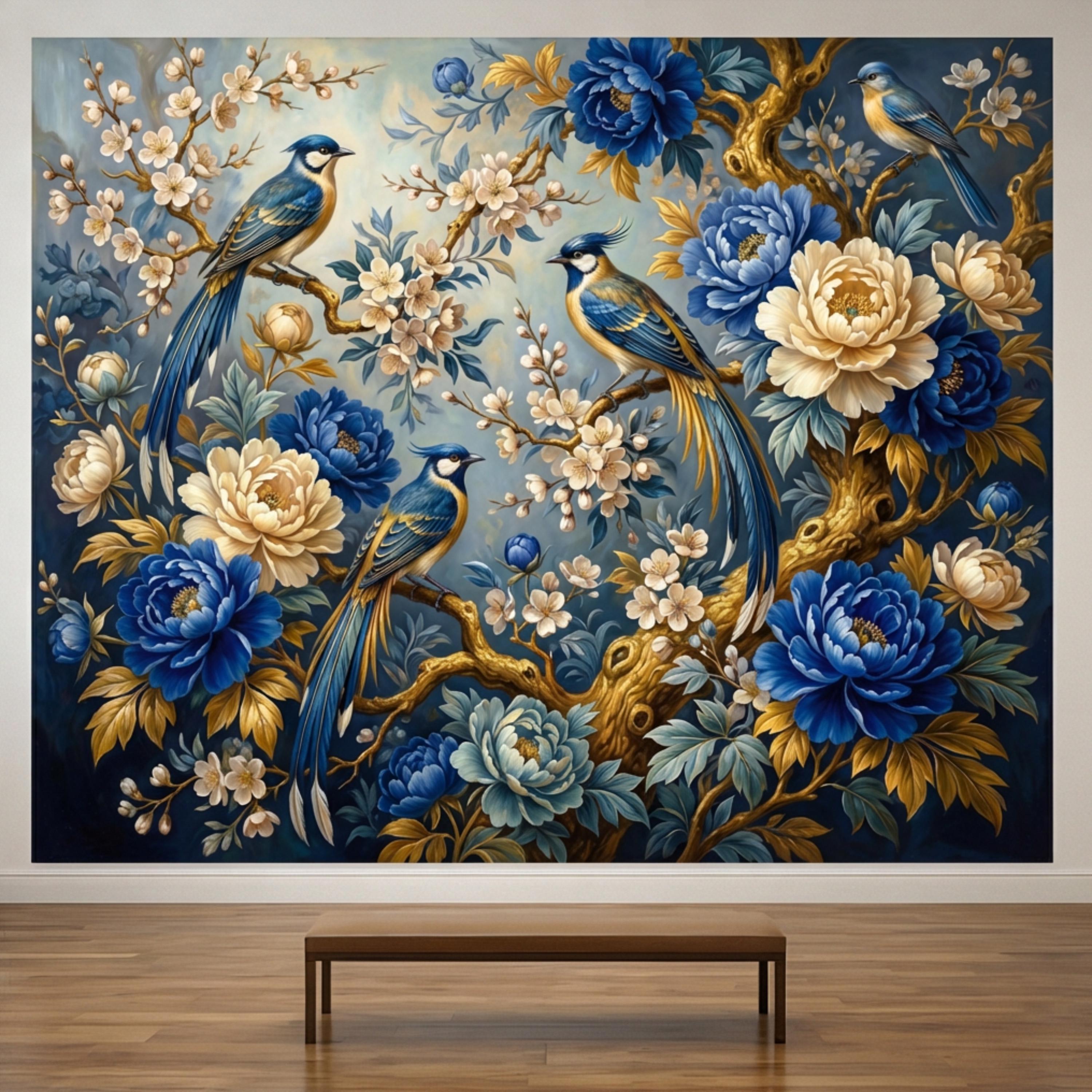 Vintage Blue Chinoiserie Birds & Peonies Peel and Stick Wall Mural, Navy Floral Botanical Branches Elegant Wallpaper