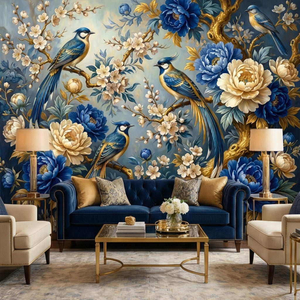Vintage Blue Chinoiserie Birds & Peonies Peel and Stick Wall Mural, Navy Floral Botanical Branches Elegant Wallpaper