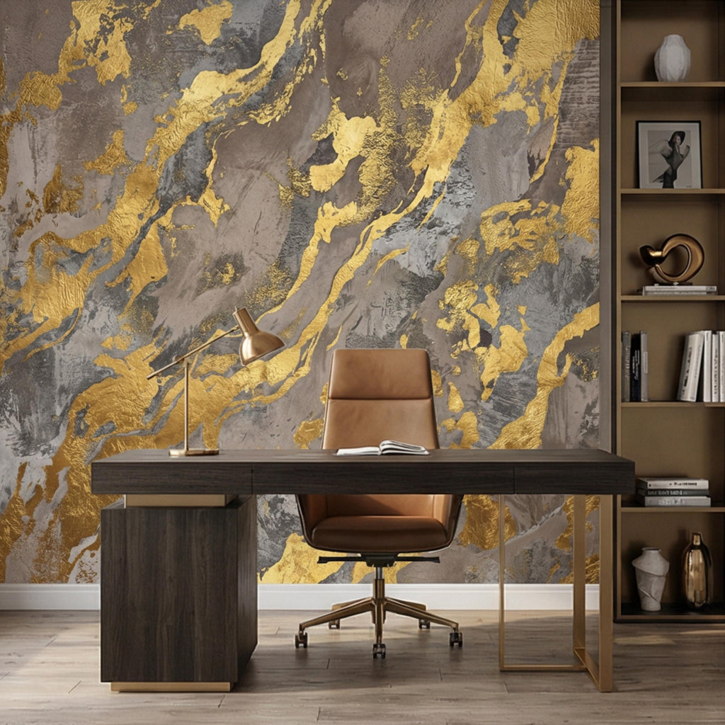 Modern Abstract Beige Gray Textured Plaster with Gold Accents Peel and Stick Wall Mural, Minimal Luxury Neutral Accent Wallpaper