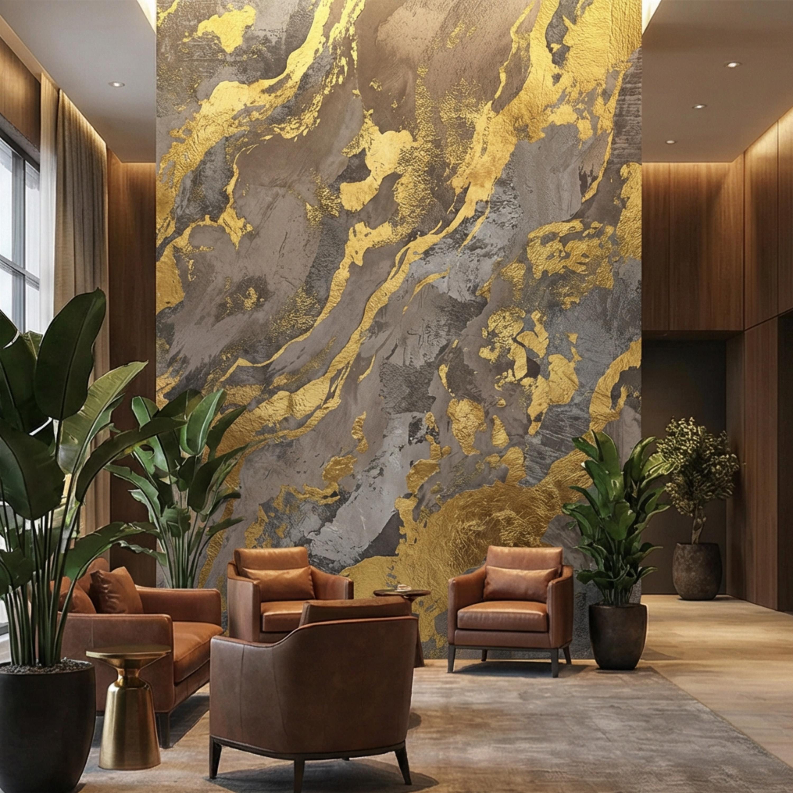 Modern Abstract Beige Gray Textured Plaster with Gold Accents Peel and Stick Wall Mural, Minimal Luxury Neutral Accent Wallpaper