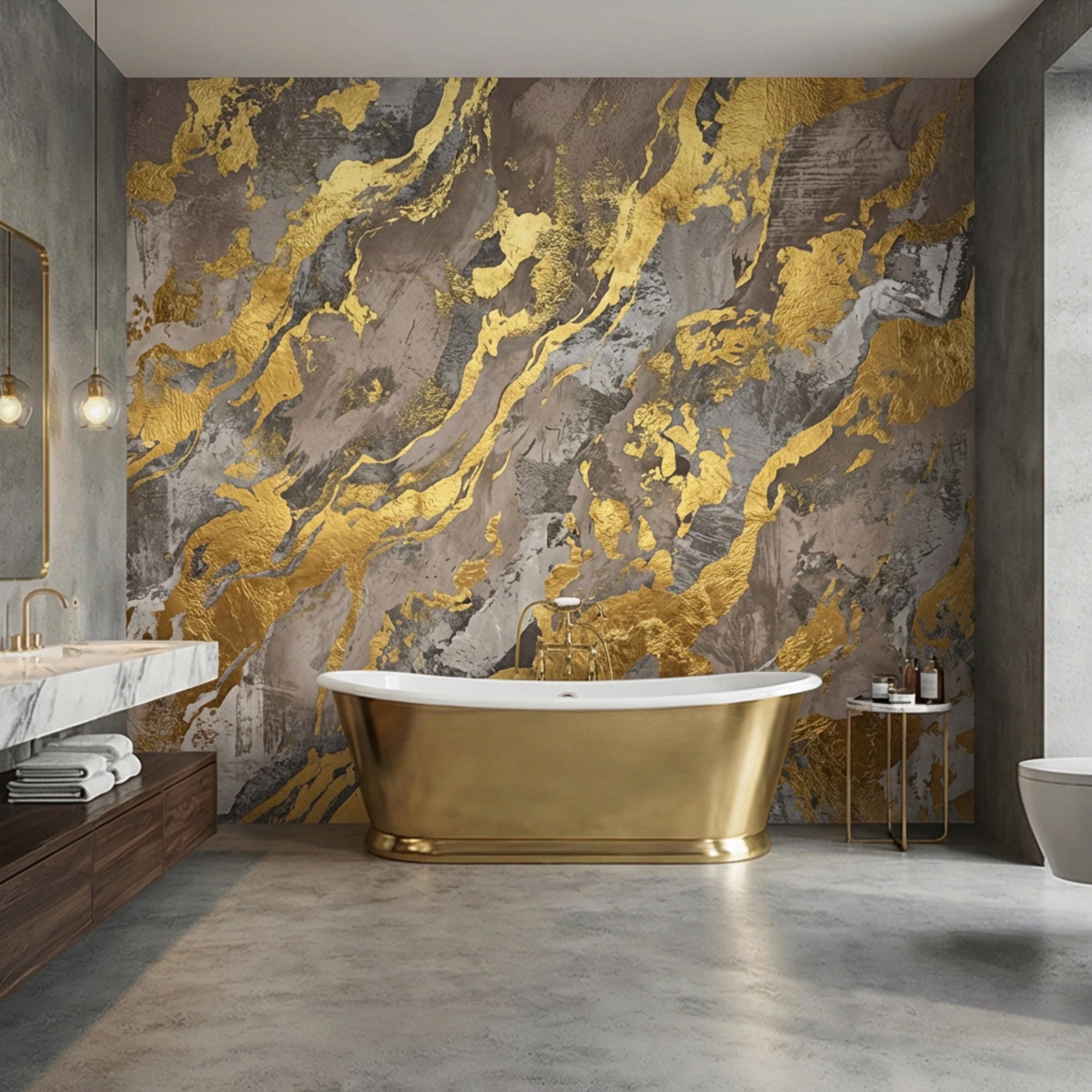 Modern Abstract Beige Gray Textured Plaster with Gold Accents Peel and Stick Wall Mural, Minimal Luxury Neutral Accent Wallpaper