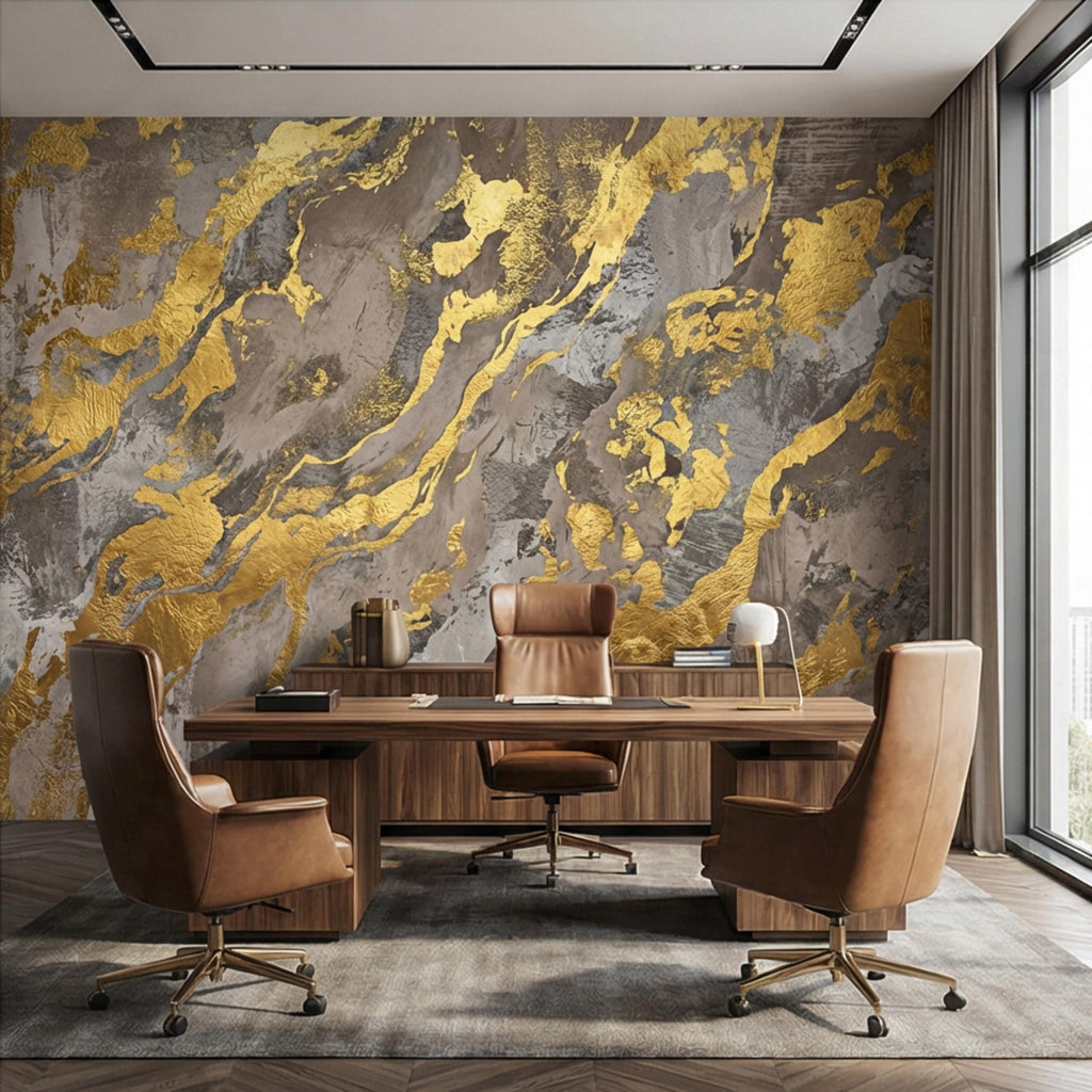 Modern Abstract Beige Gray Textured Plaster with Gold Accents Peel and Stick Wall Mural, Minimal Luxury Neutral Accent Wallpaper