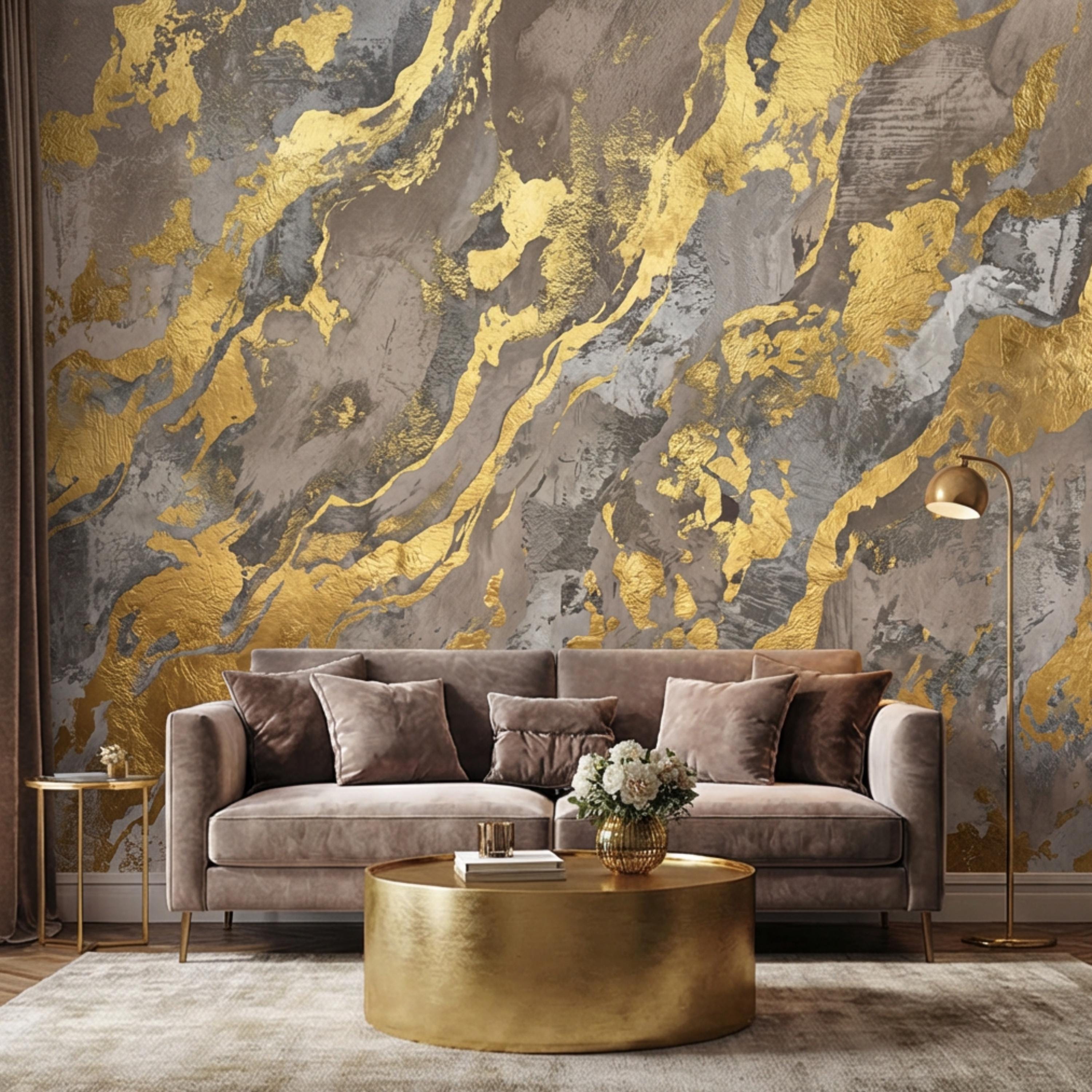 Modern Abstract Beige Gray Textured Plaster with Gold Accents Peel and Stick Wall Mural, Minimal Luxury Neutral Accent Wallpaper