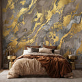 Modern Abstract Beige Gray Textured Plaster with Gold Accents Peel and Stick Wall Mural, Minimal Luxury Neutral Accent Wallpaper