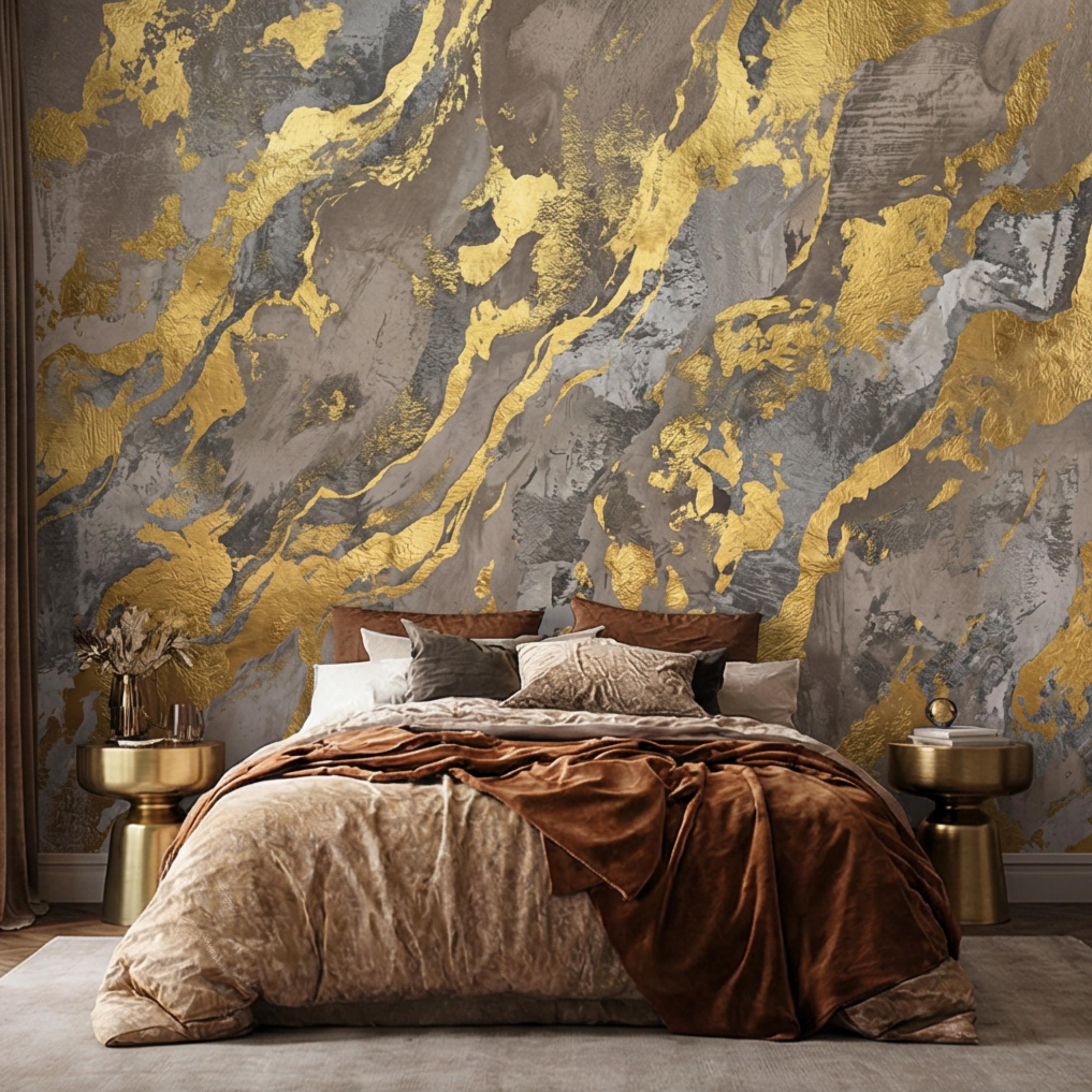 Modern Abstract Beige Gray Textured Plaster with Gold Accents Peel and Stick Wall Mural, Minimal Luxury Neutral Accent Wallpaper