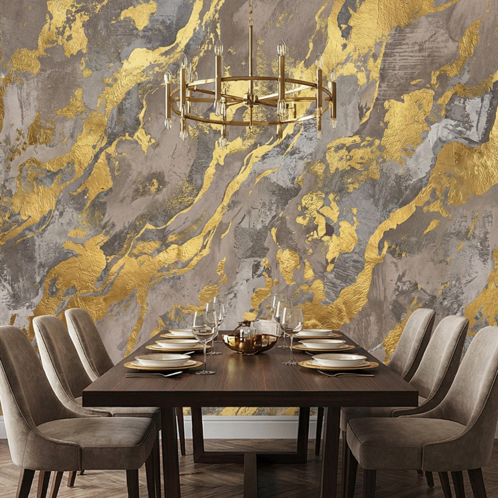 Modern Abstract Beige Gray Textured Plaster with Gold Accents Peel and Stick Wall Mural, Minimal Luxury Neutral Accent Wallpaper